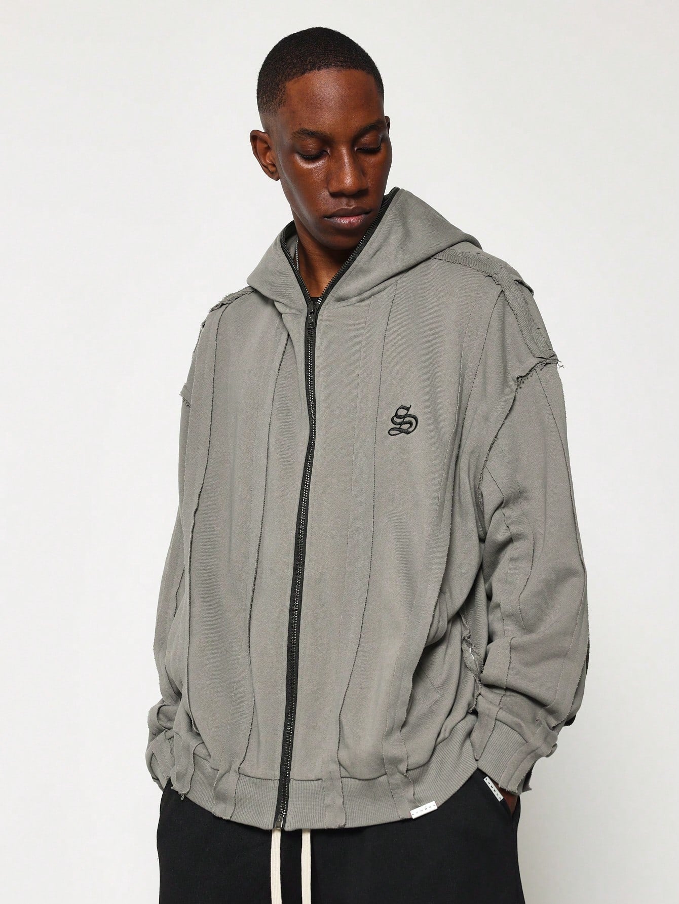 Oversized Zip-Up Hoodie With Exposed Seam And Embroidery