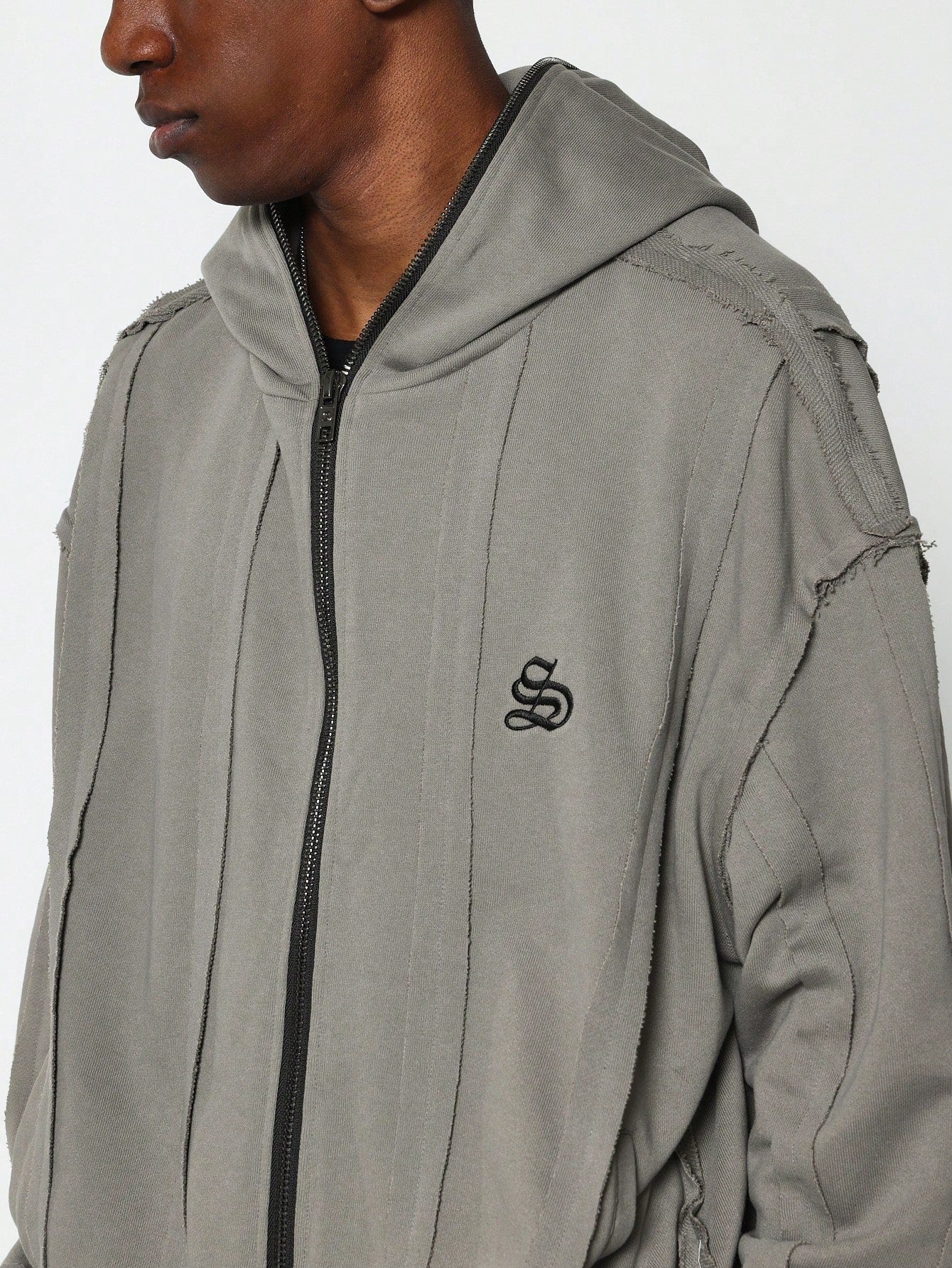 Oversized Zip-Up Hoodie With Exposed Seam And Embroidery