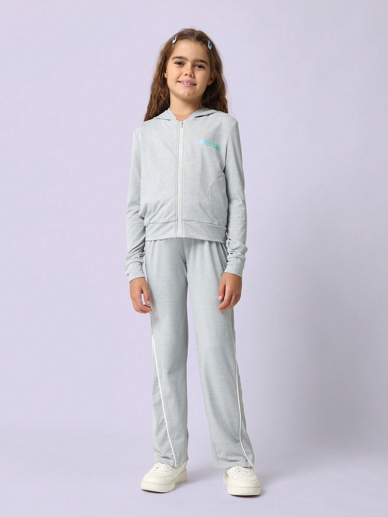 Tween Girls Slim Fit Zip Through Hoodie With Graphic Print And Flare Fit Pant With Piping 2 Piece Set