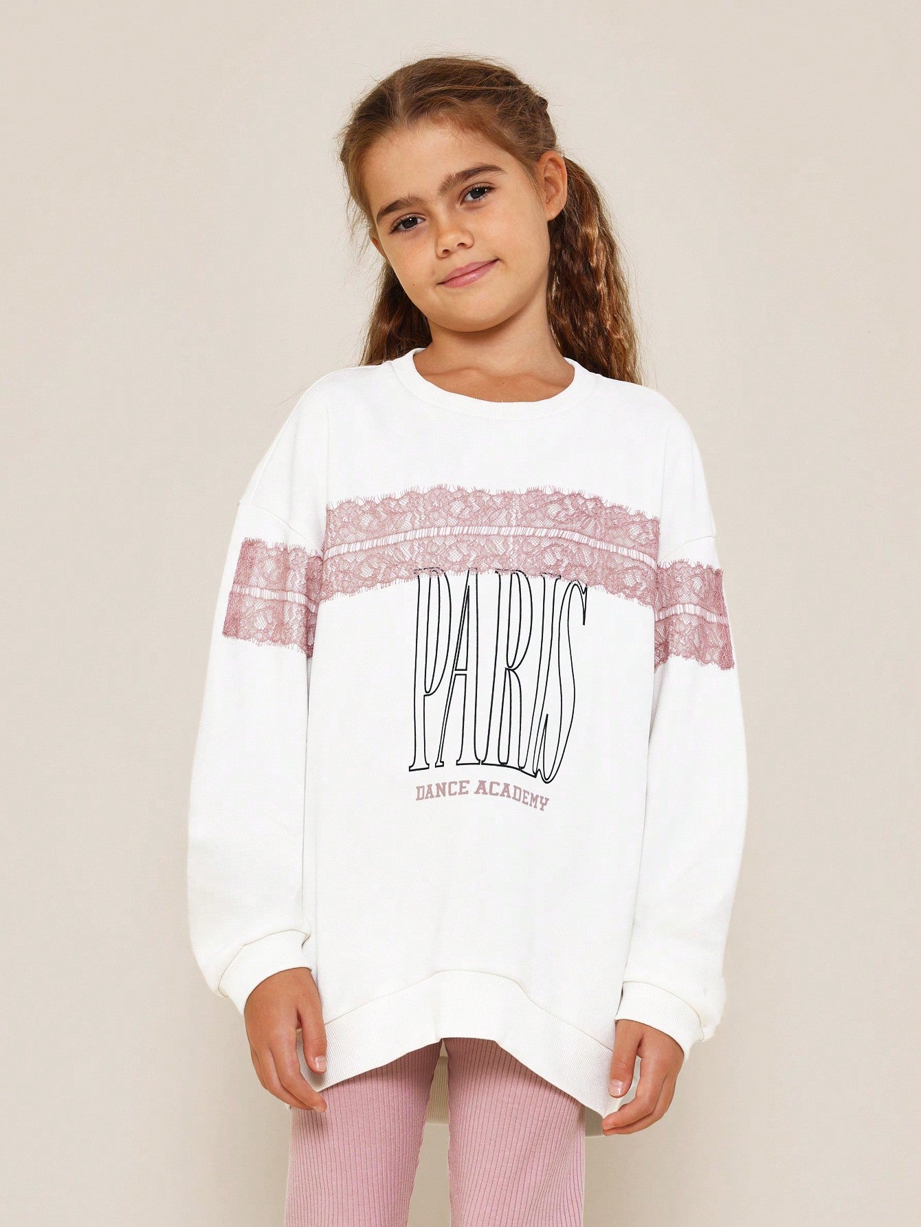 Tween Girls Longline Graphic Print Sweatshirt With Lace And Rib Legging 2 Piece Set