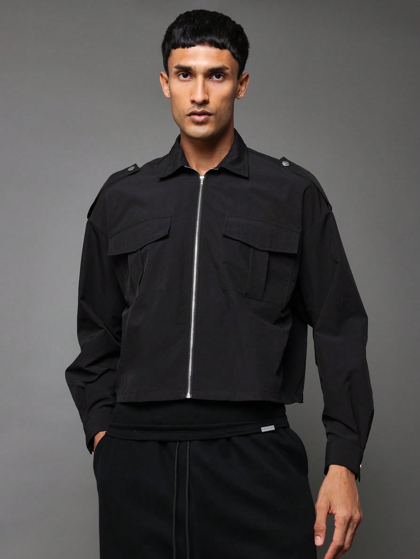 Cropped Zip Through Long Sleeve Utility Shirt