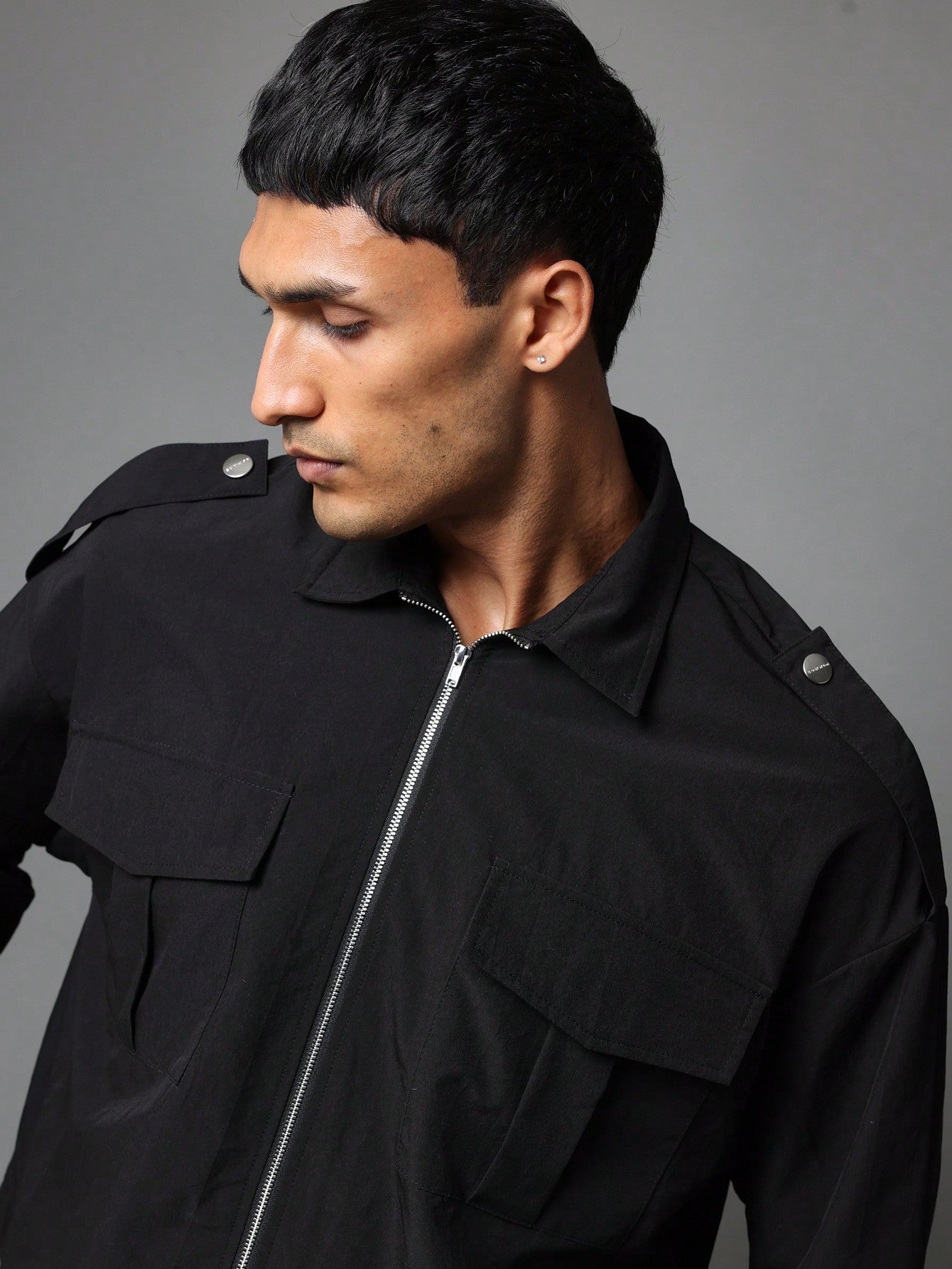 Cropped Zip Through Long Sleeve Utility Shirt