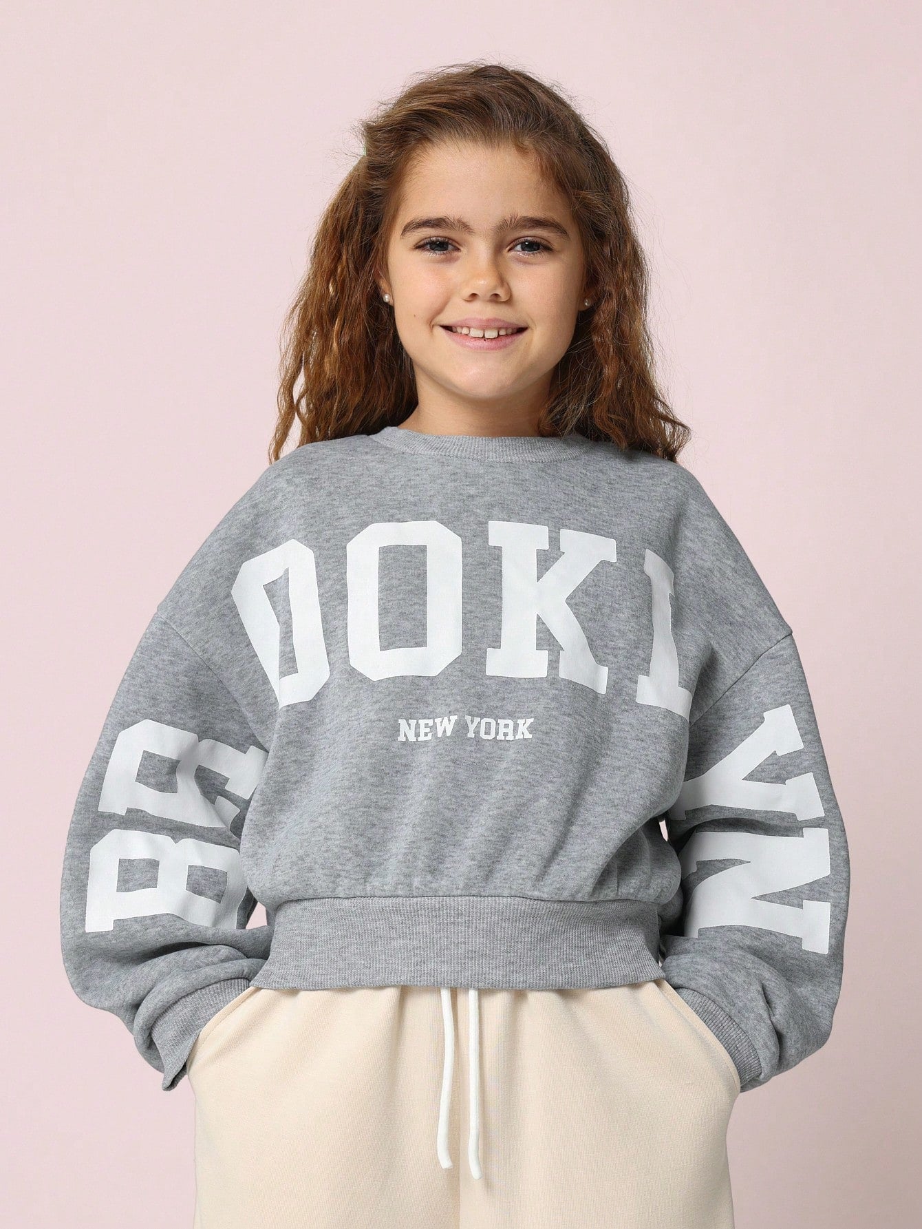 Tween Girls Cropped Slouchy Brooklyn Graphic Print Sweatshirts