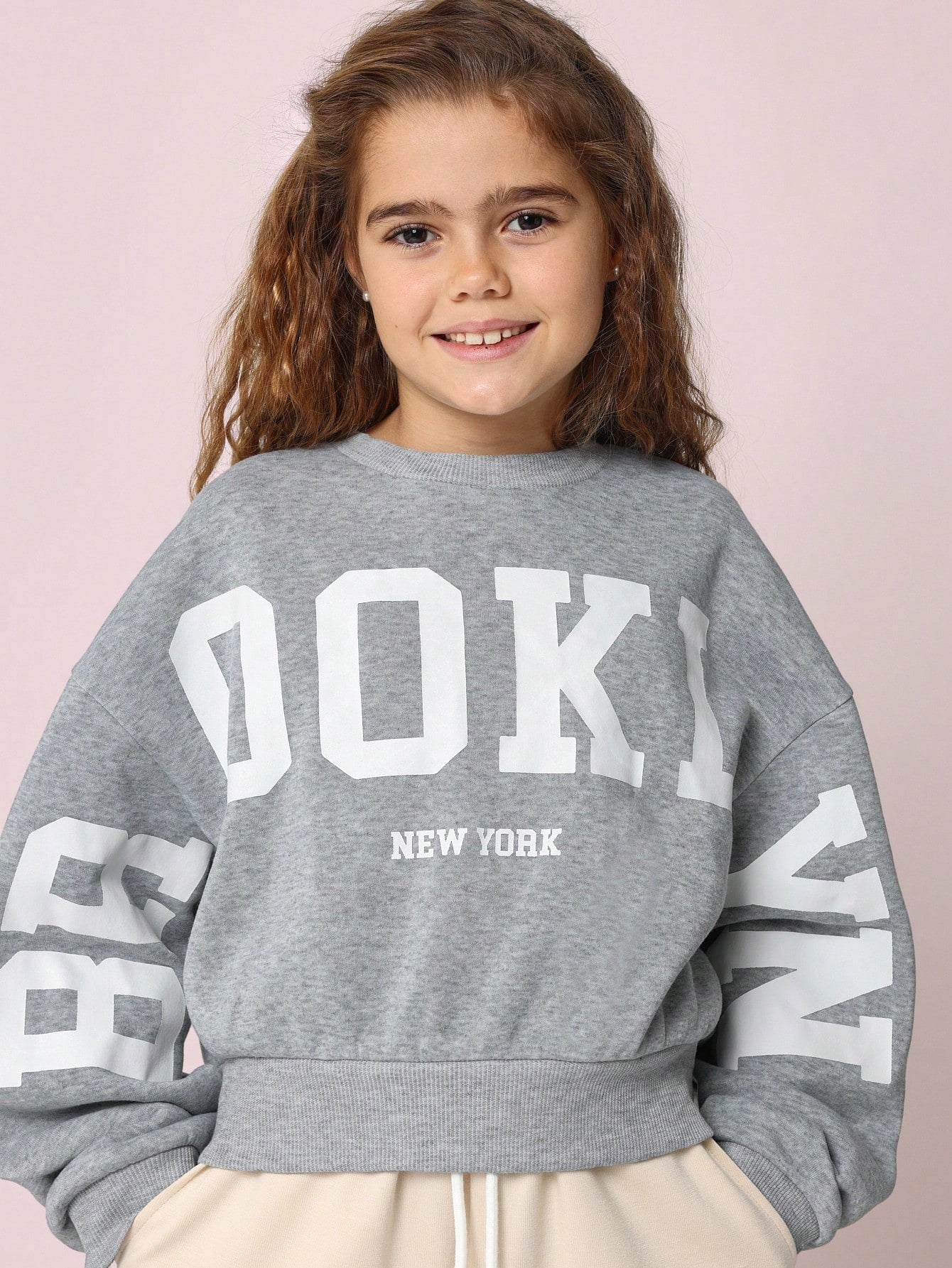 Tween Girls Cropped Slouchy Brooklyn Graphic Print Sweatshirts