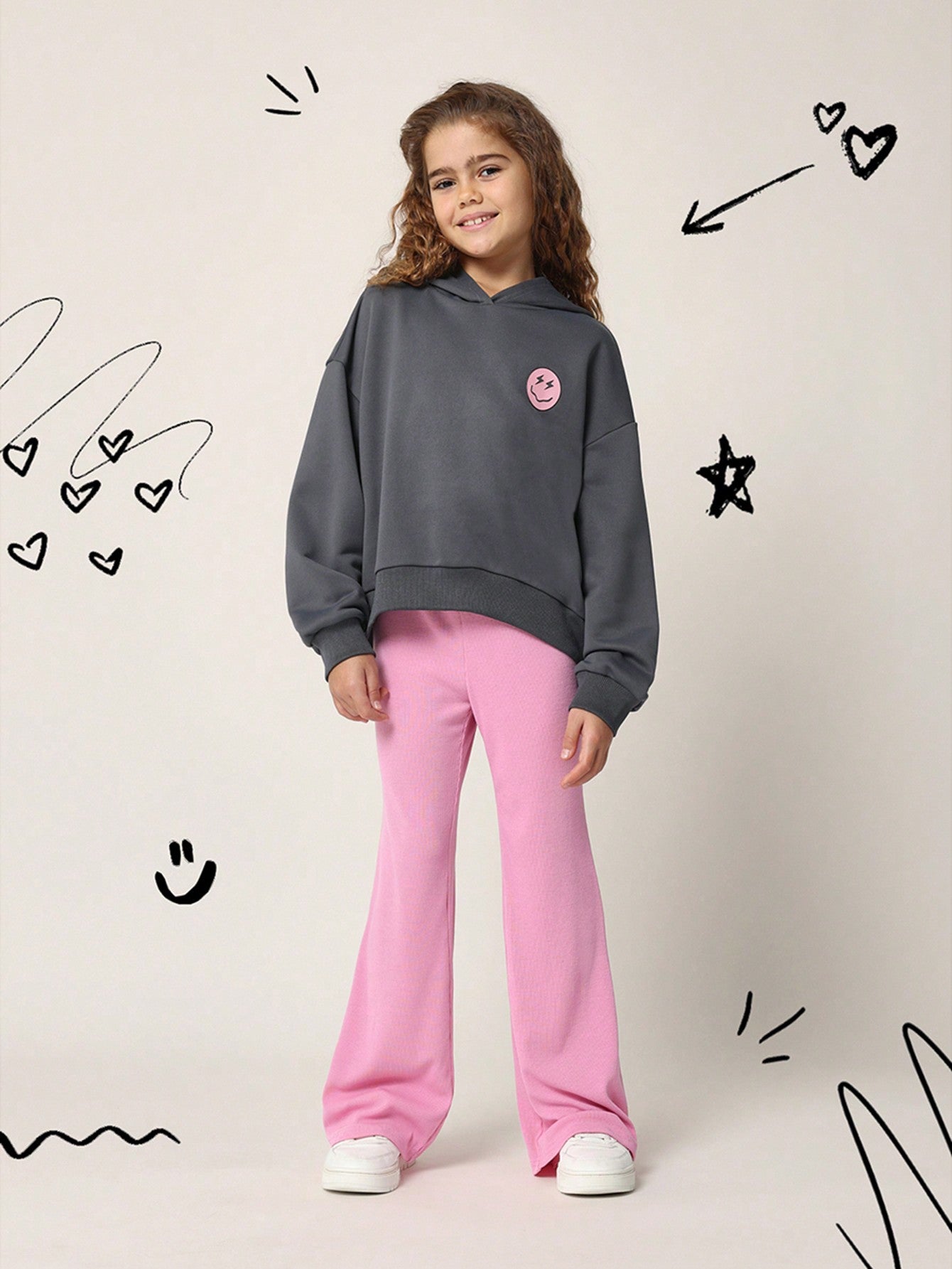 Tween Girls Regular Fit Overhead Smile Graphic Print Hoodie And Pink Flare Legging 2 Piece Set