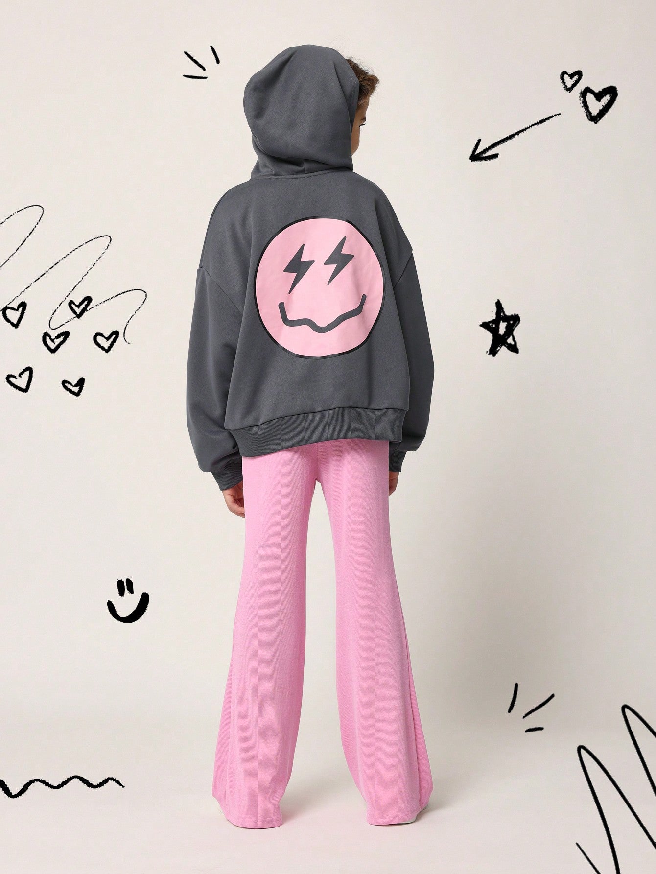 Tween Girls Regular Fit Overhead Smile Graphic Print Hoodie And Pink Flare Legging 2 Piece Set