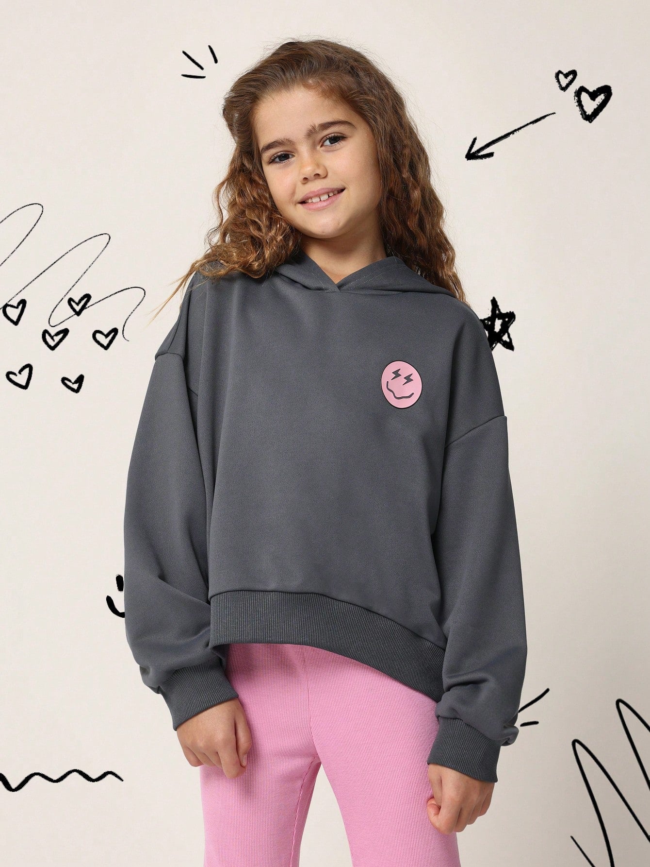 Tween Girls Regular Fit Overhead Smile Graphic Print Hoodie And Pink Flare Legging 2 Piece Set