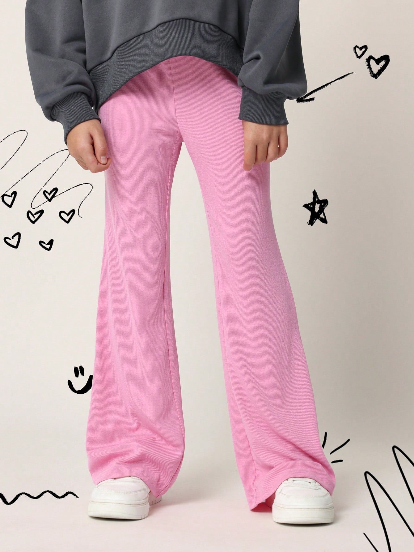 Tween Girls Regular Fit Overhead Smile Graphic Print Hoodie And Pink Flare Legging 2 Piece Set