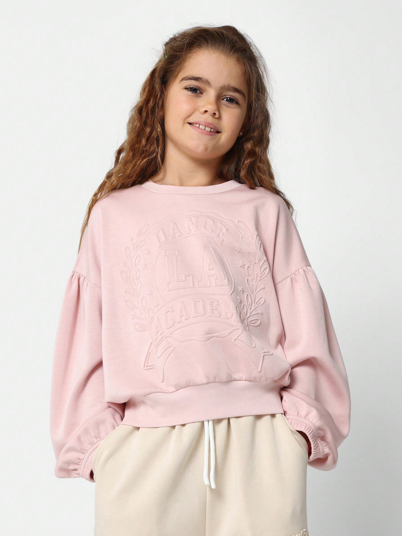 Tween Girls Puff Sleeve Sweatshirt With Emboss Graphic