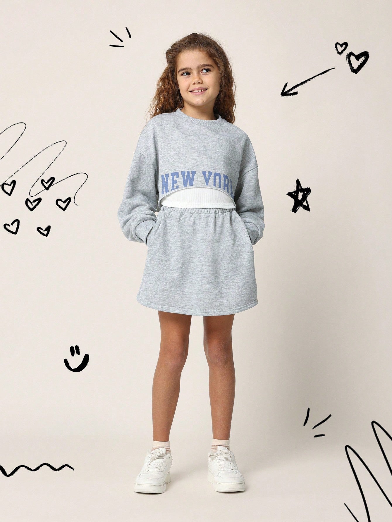 Tween Girls Crop Raw Edge New York Graphic Sweatshirt And Skirt 2 Piece Set