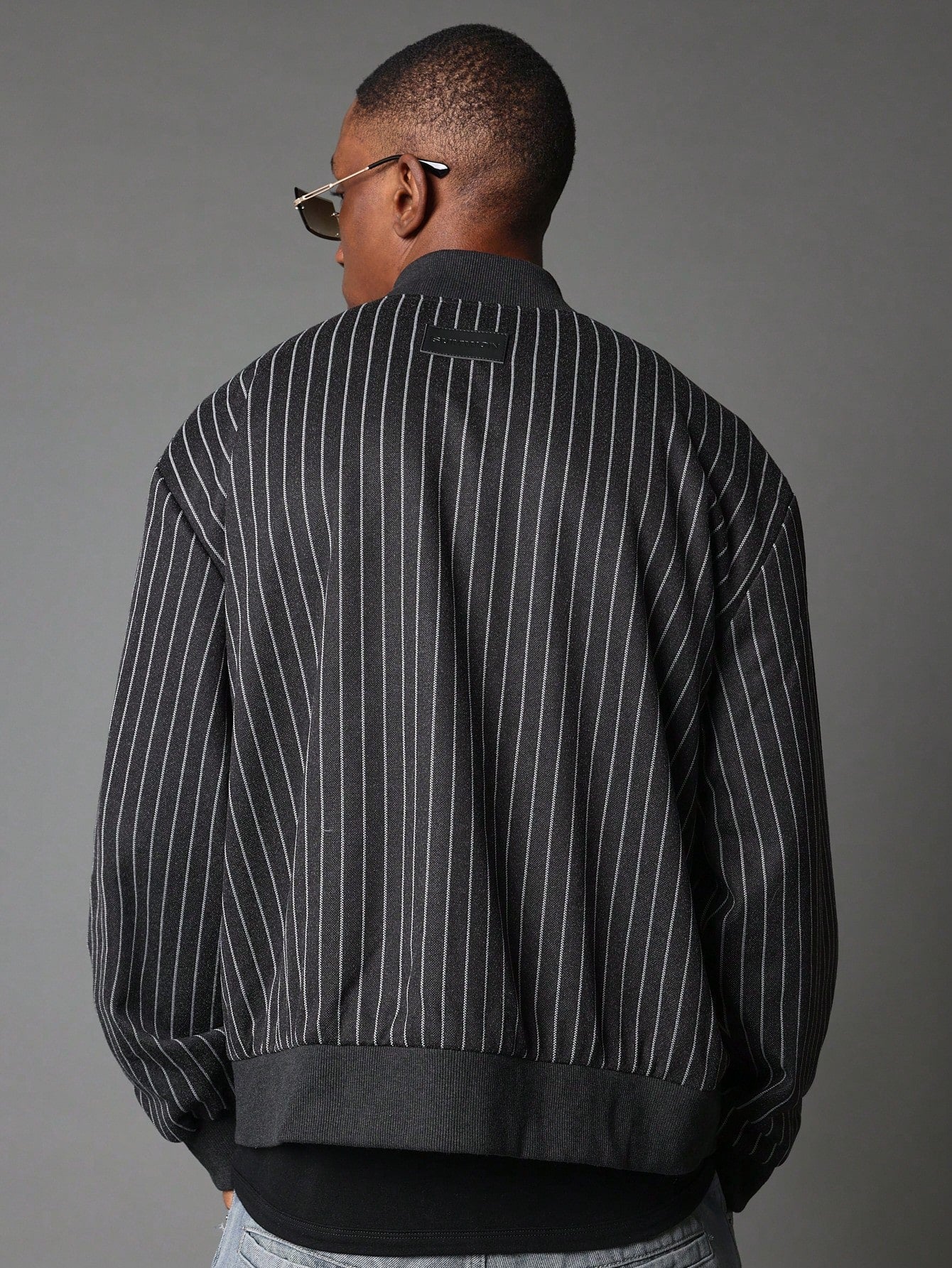 Regular Fit Pinstripe Varsity Jacket With Embroidery