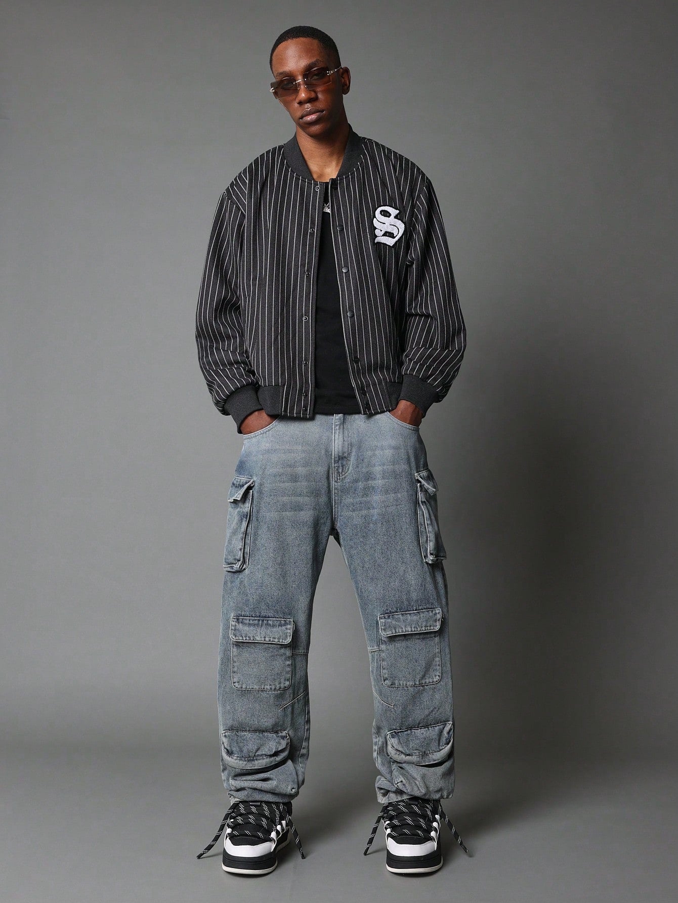 Regular Fit Pinstripe Varsity Jacket With Embroidery