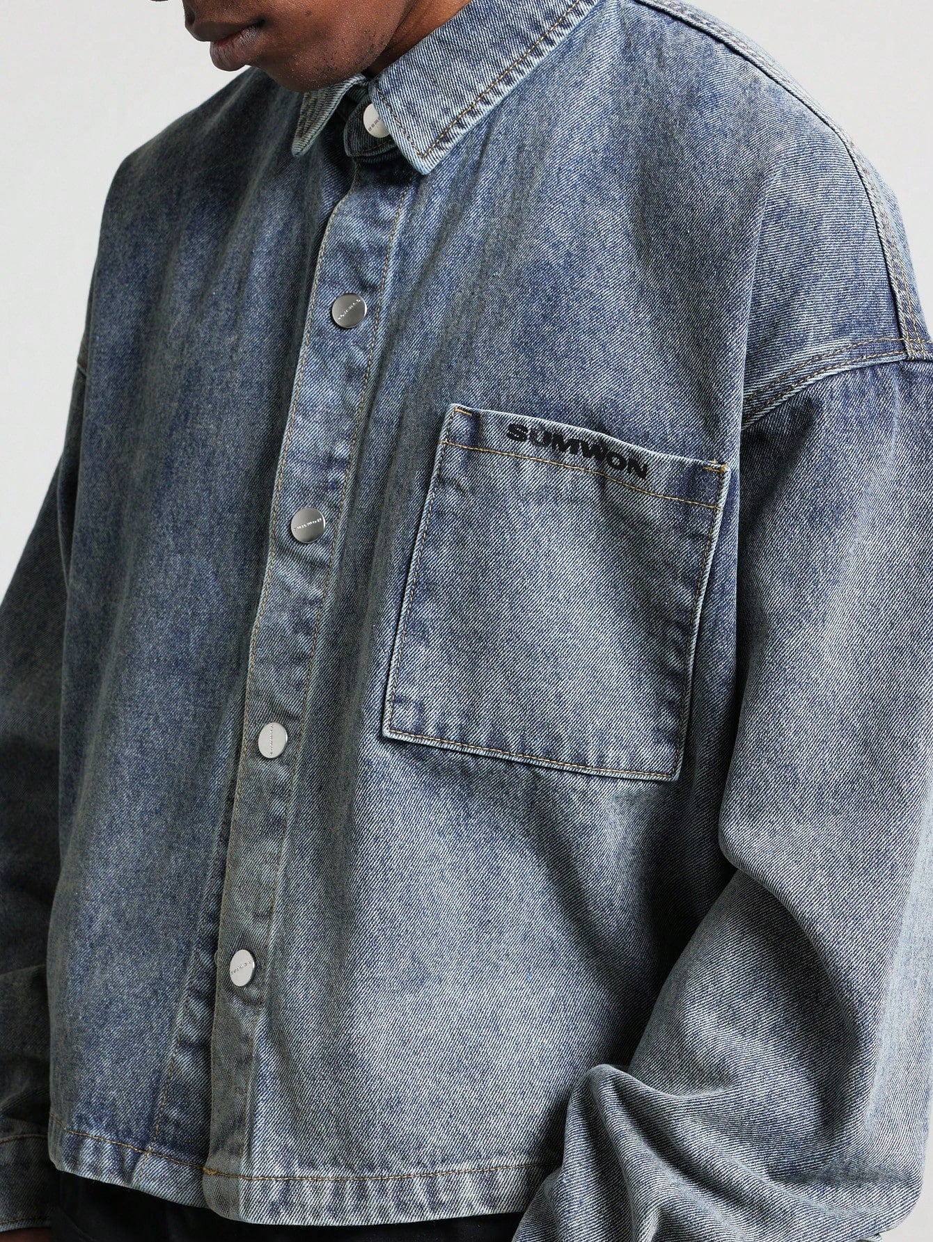 Cropped Long Sleeve Washed Denim Shirt With Number Graphic Print