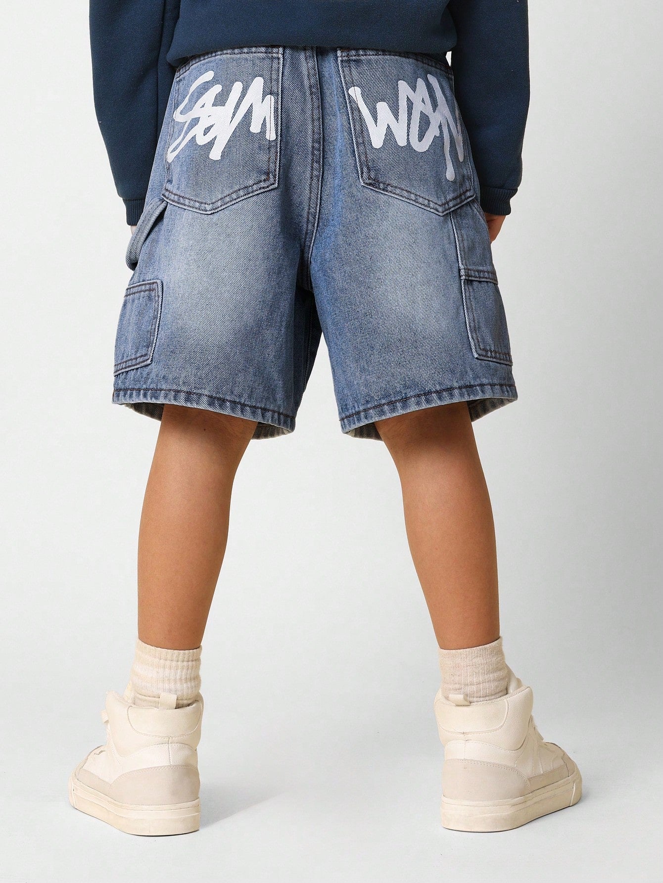 Tween Boys Washed Carpenter Denim Short With Graffiti Graphic Print