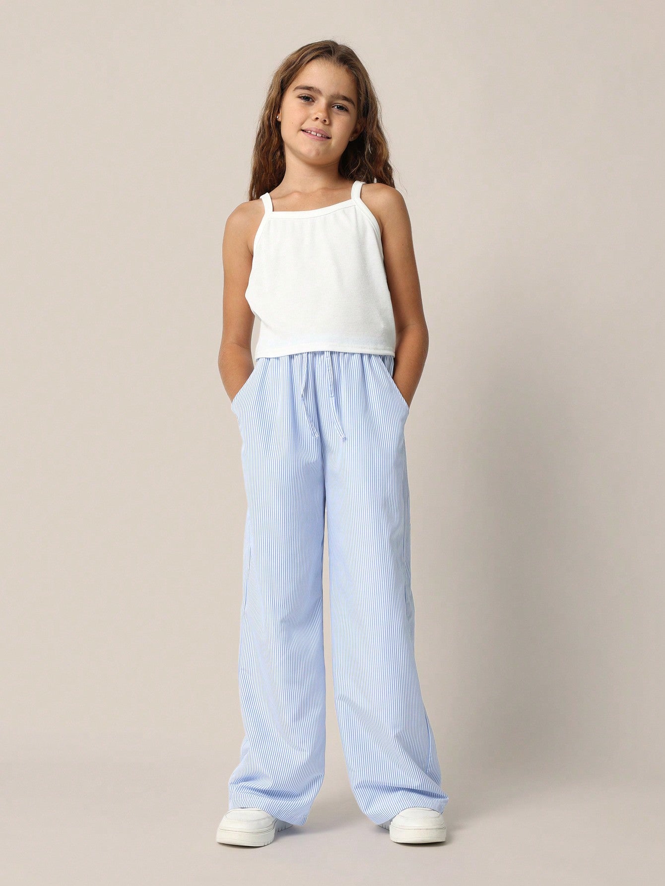 Tween Girls Pinstripe Crop Long Sleeve Shirt And Wide Leg Pant With White Tank Top 3 Piece Set