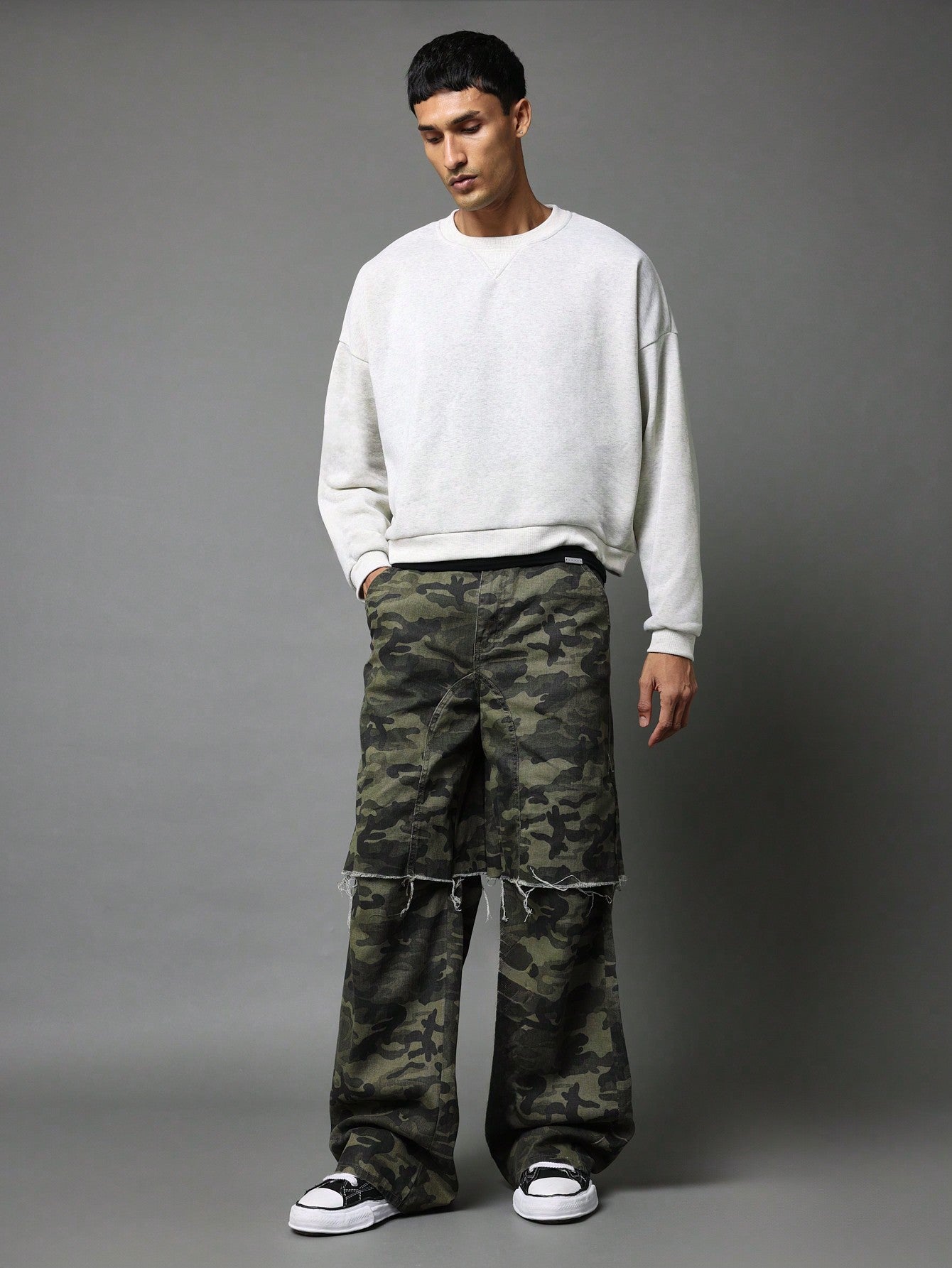 Straight Fit Raw Edge Layered Camouflage Jean