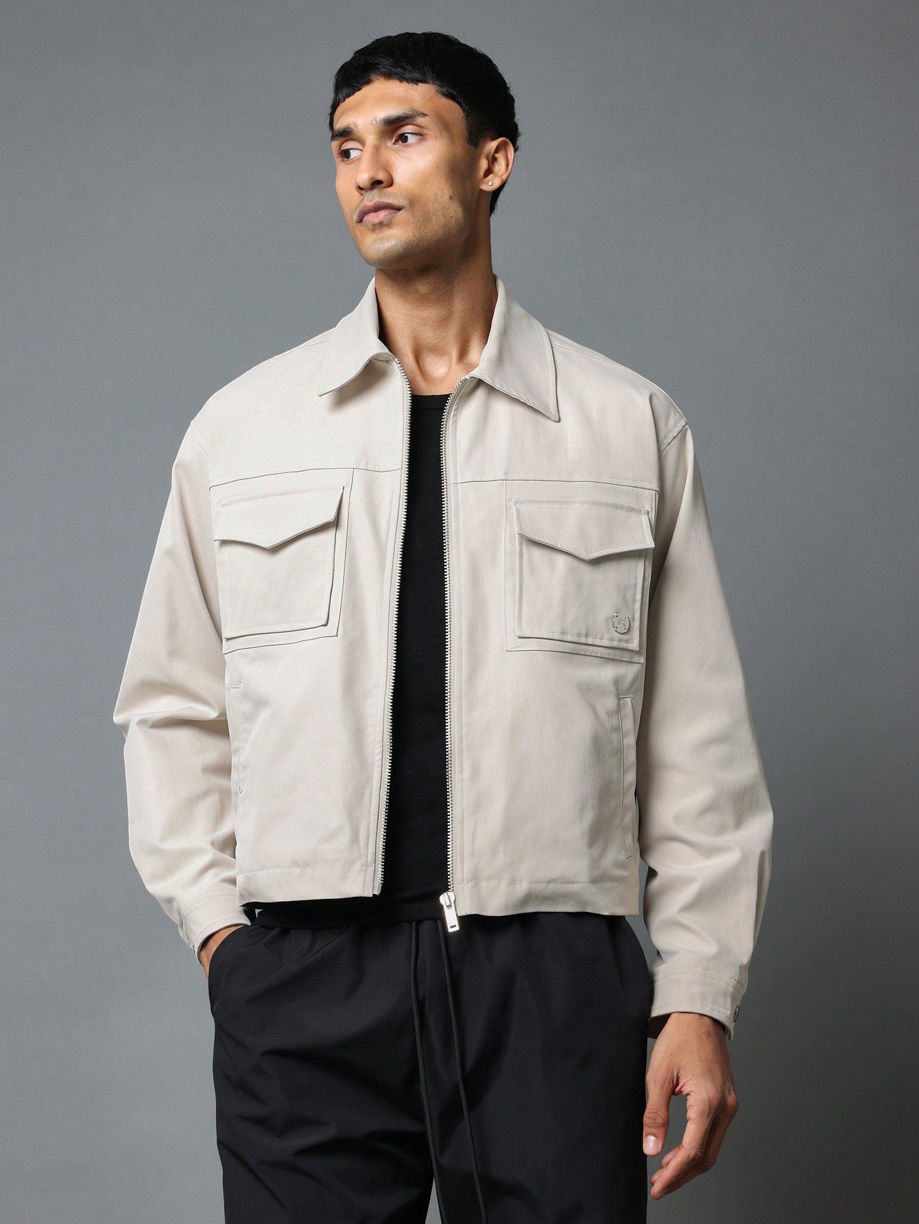 Boxy Crop Zip Through Utility Jacket