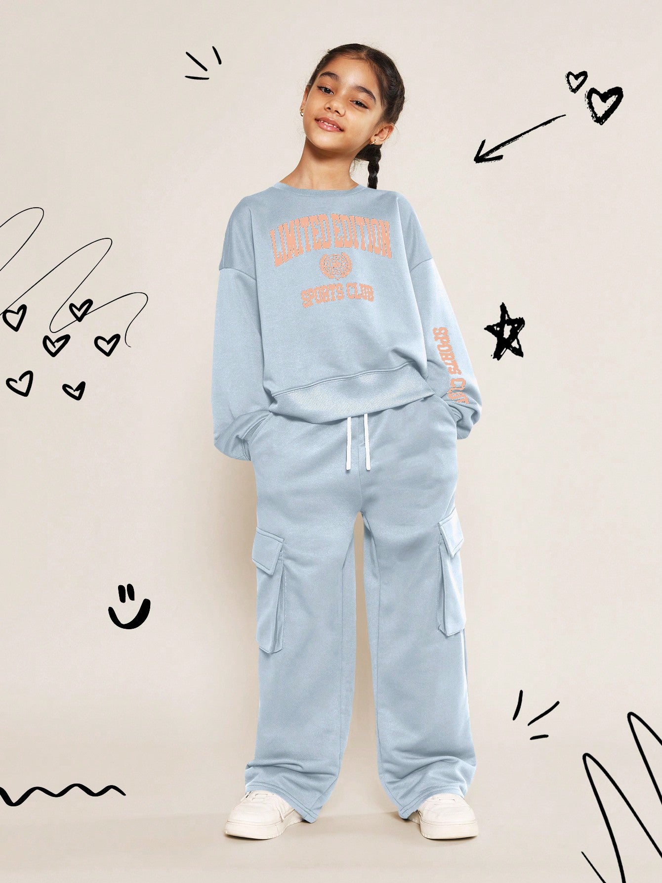 Tween Girls Crew Neck Drop Shoulder Sweatshirt With Limited Edition Graphic Print And Straight Fit Cargo Pant 2 Piece Set