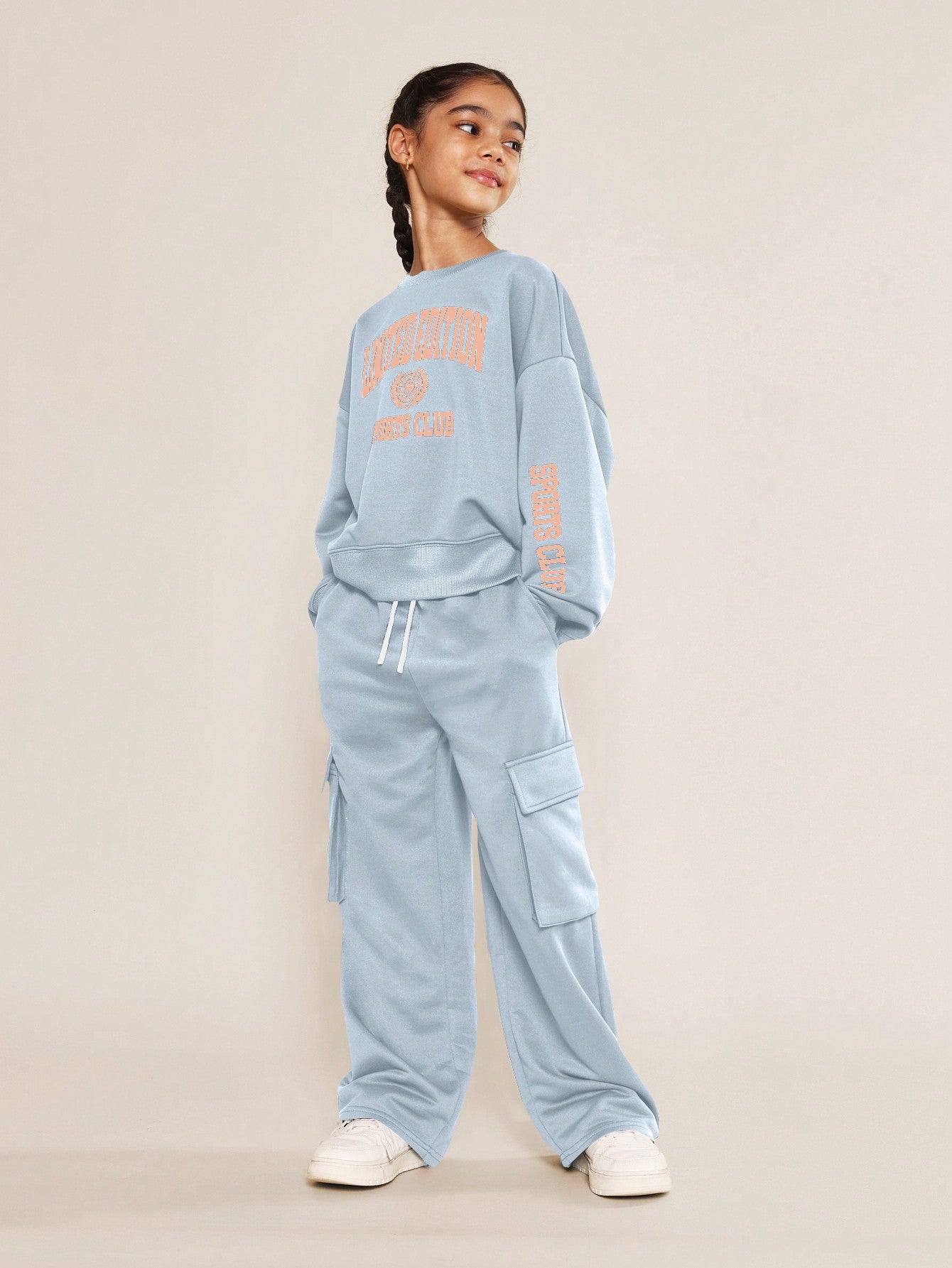 Tween Girls Crew Neck Drop Shoulder Sweatshirt With Limited Edition Graphic Print And Straight Fit Cargo Pant 2 Piece Set