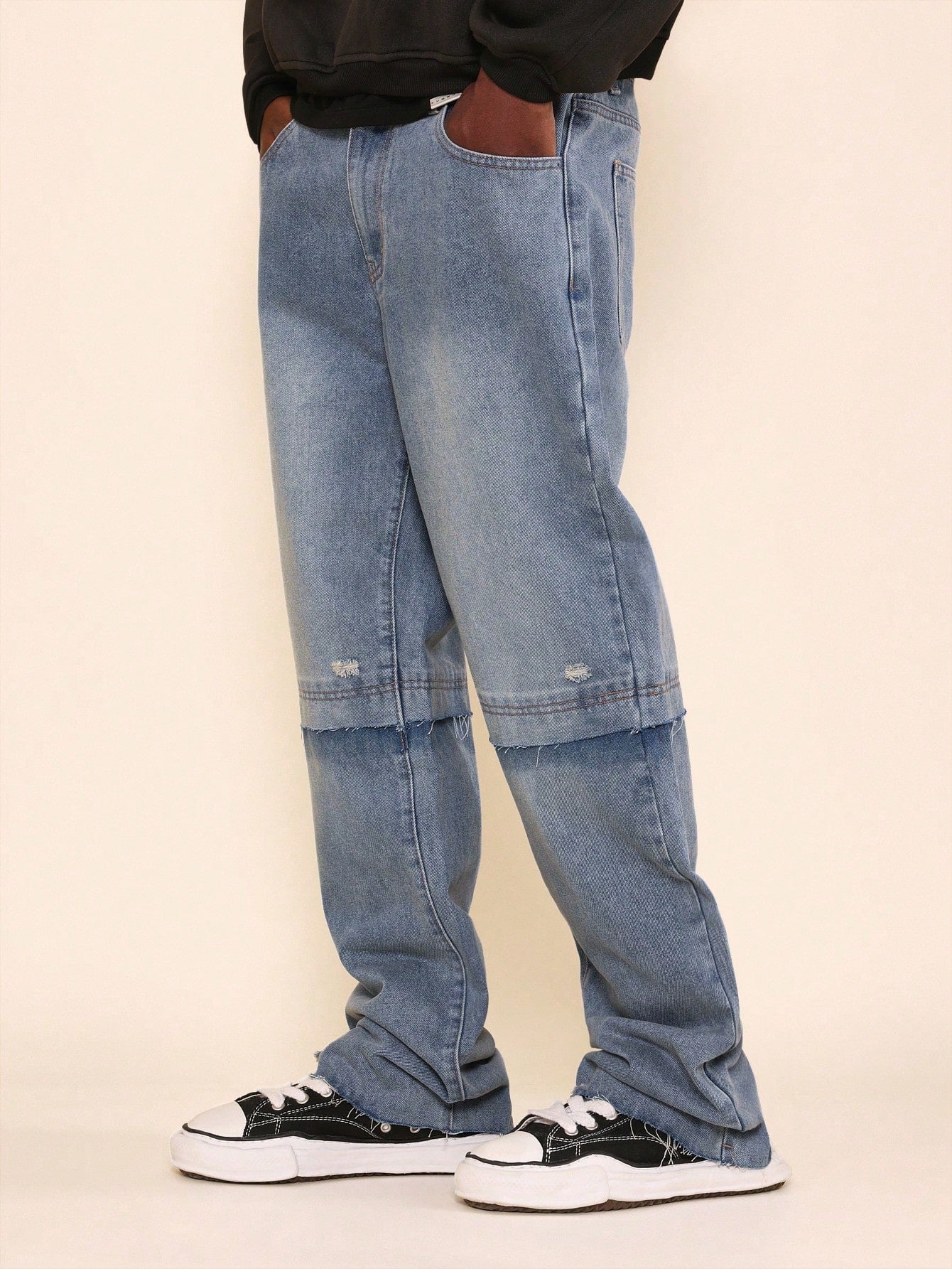 Loose Fit Raw Edge Double Knee Jean