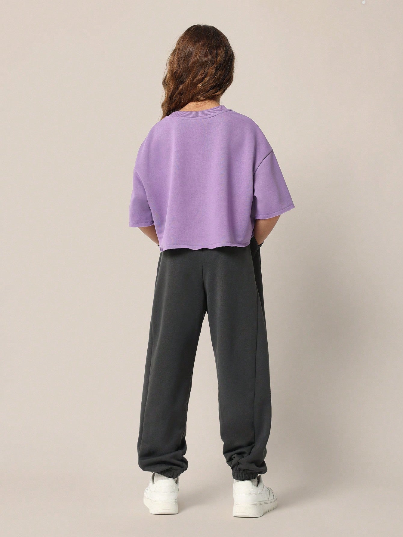 Tween Girls Everyday Lilac Crop Fit Raw Edge Tee And Dark Grey Jogger 2 Piece Set