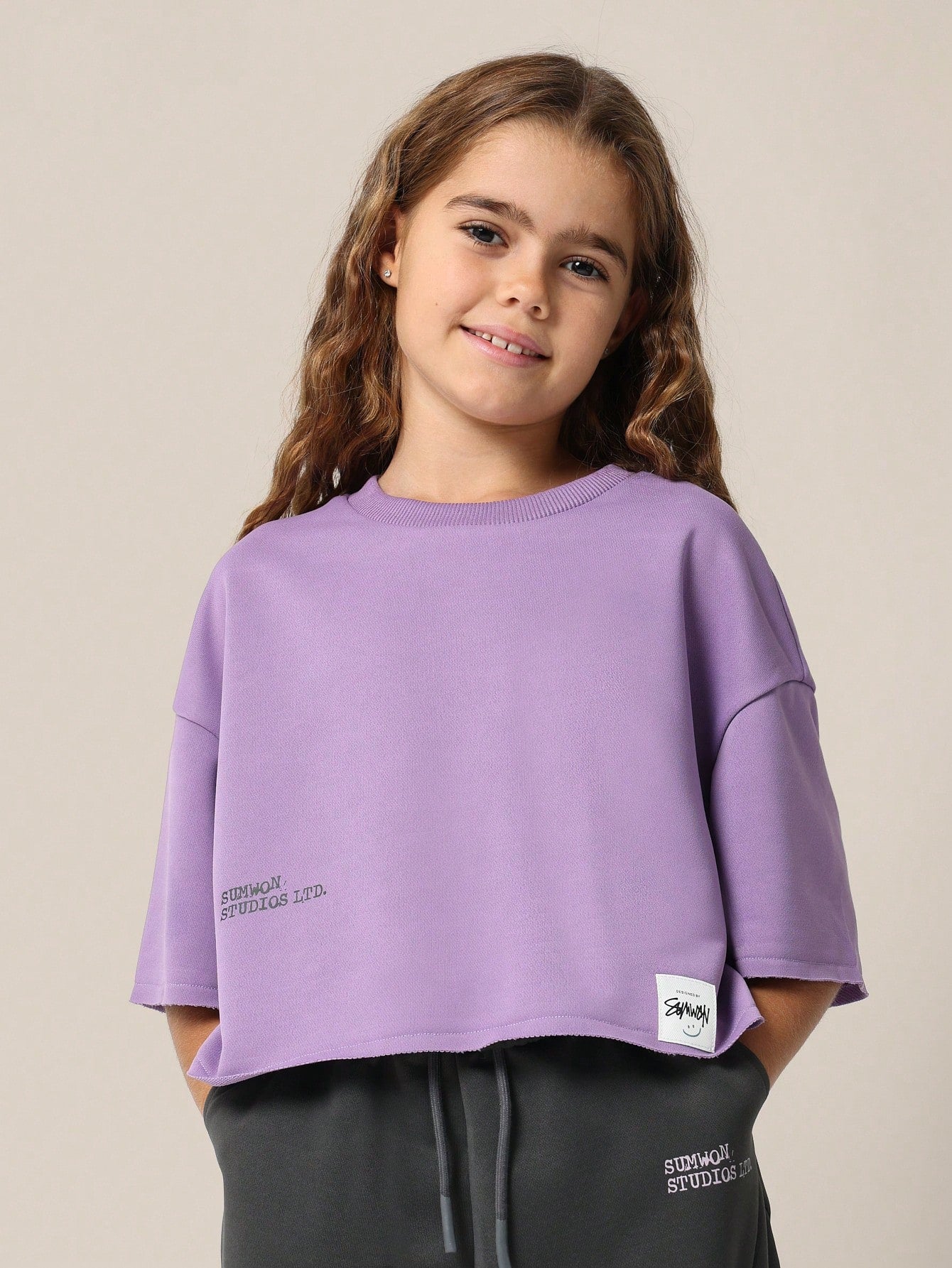 Tween Girls Everyday Lilac Crop Fit Raw Edge Tee And Dark Grey Jogger 2 Piece Set