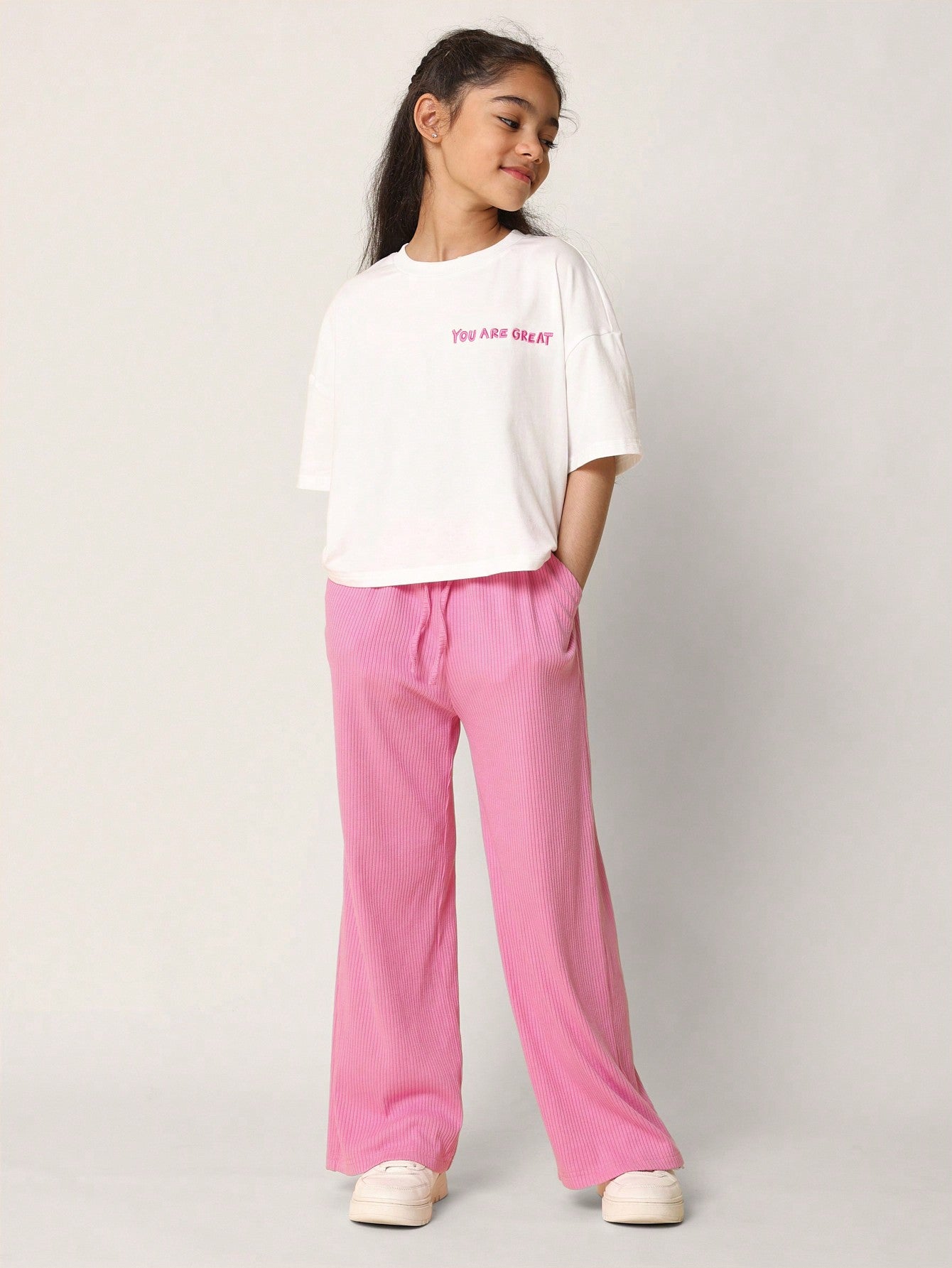 Tween Girls Everyday Crop Fit Graphic Print Tee And Pink Rib Wide Leg Pant 2 Piece Set