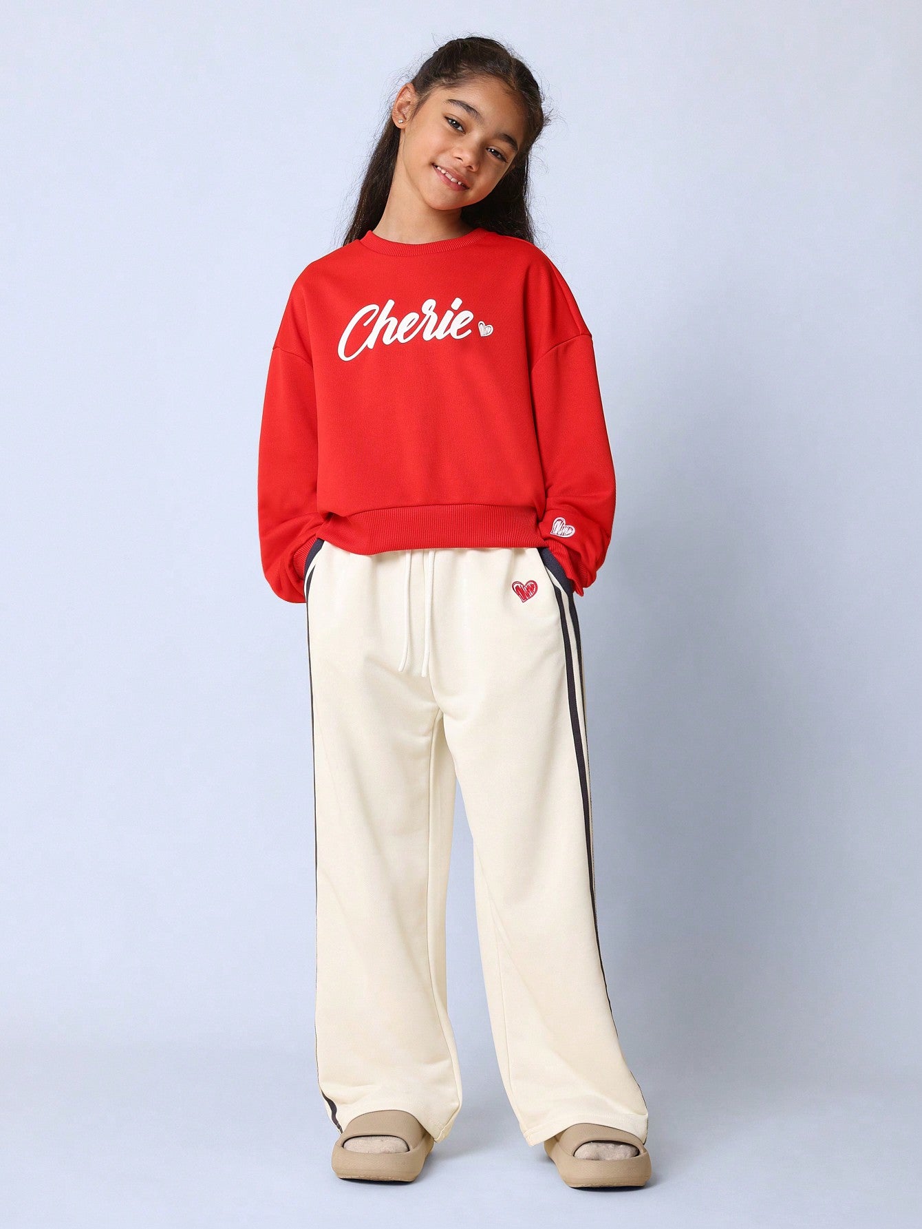 Tween Girls Comfy Regular Fit Cherie Graphic Print Sweatshirt And Wide Leg Pant With Side Stripe Panel 2 Piece Set