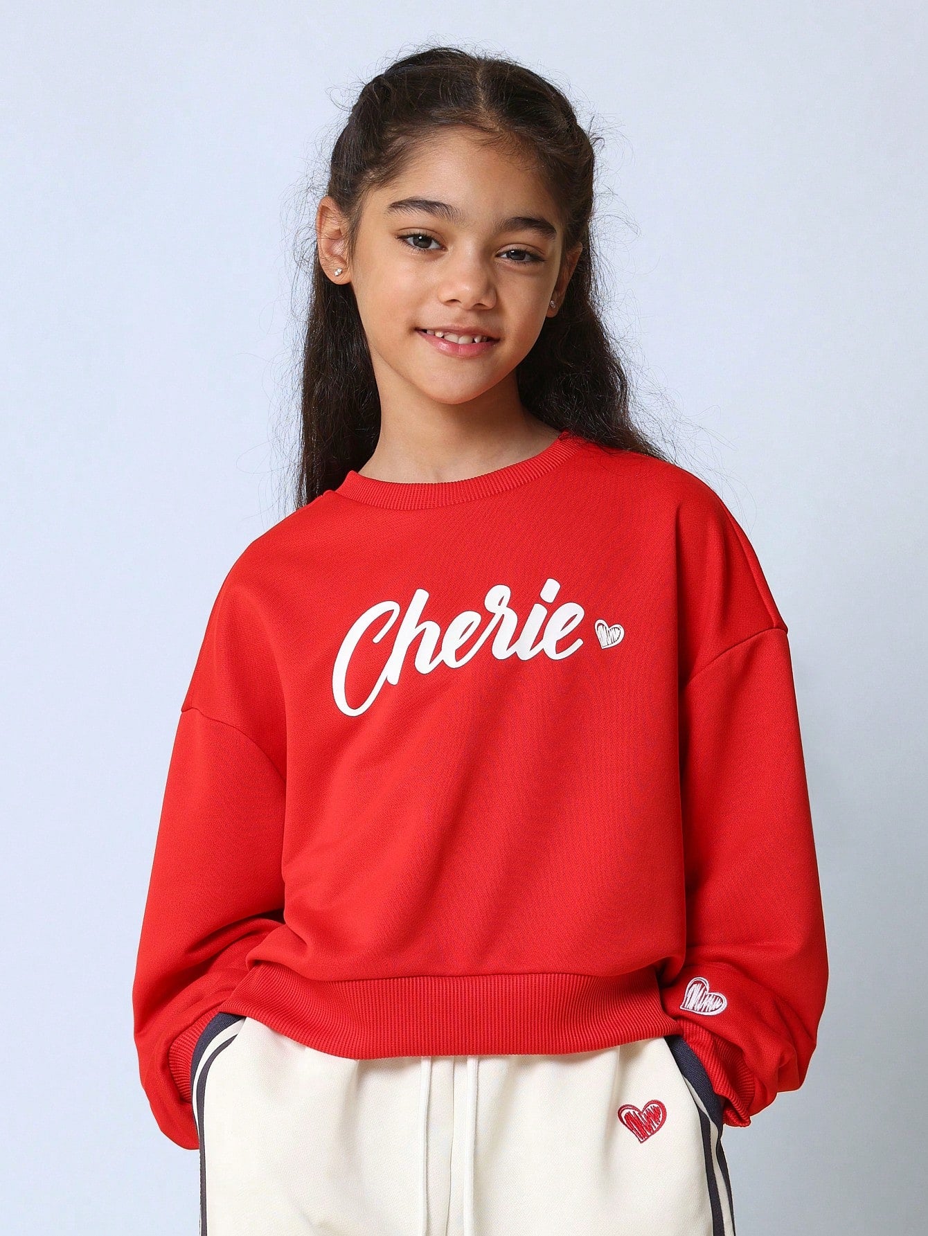 Tween Girls Comfy Regular Fit Cherie Graphic Print Sweatshirt And Wide Leg Pant With Side Stripe Panel 2 Piece Set