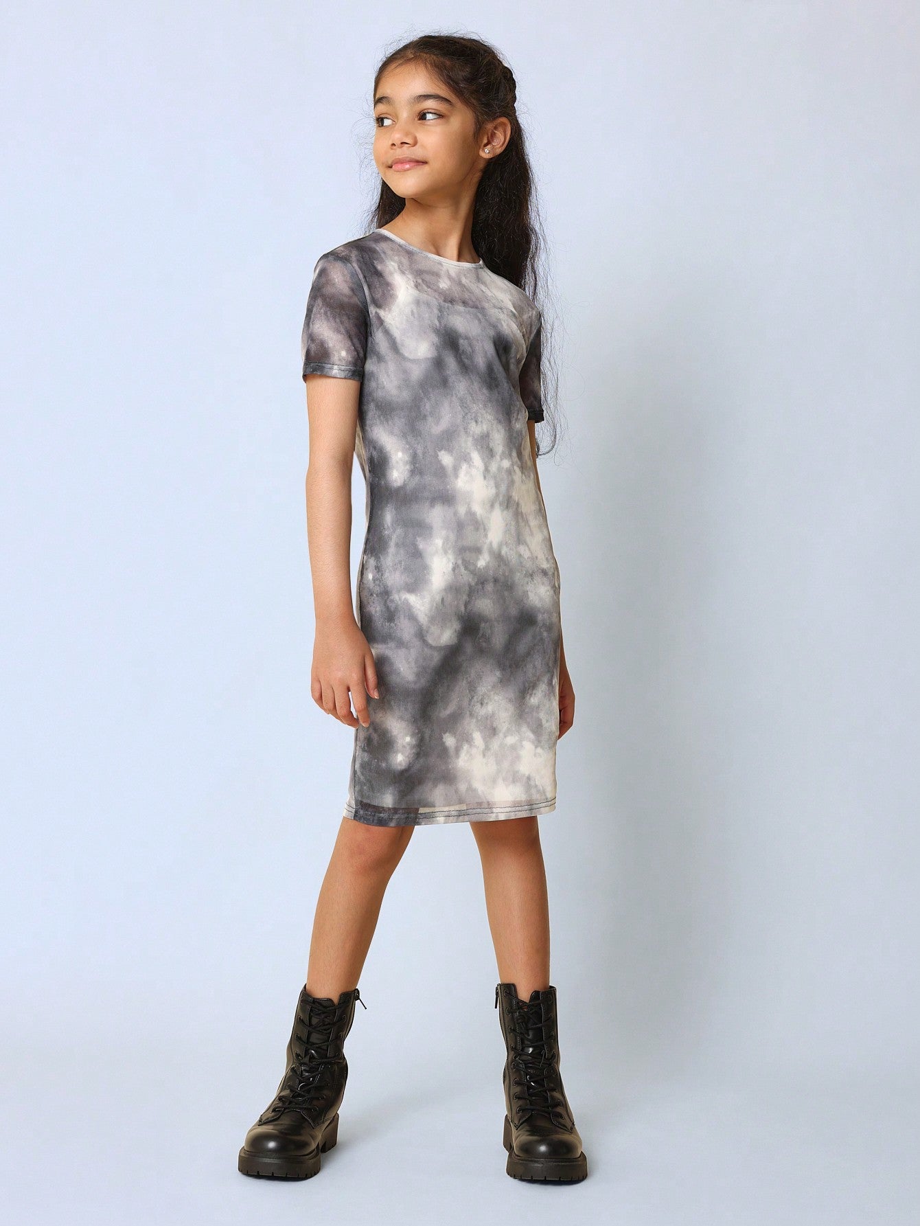 Tween Girls Relaxed Mesh Tie Dye Printed Dress With White Statin Layer