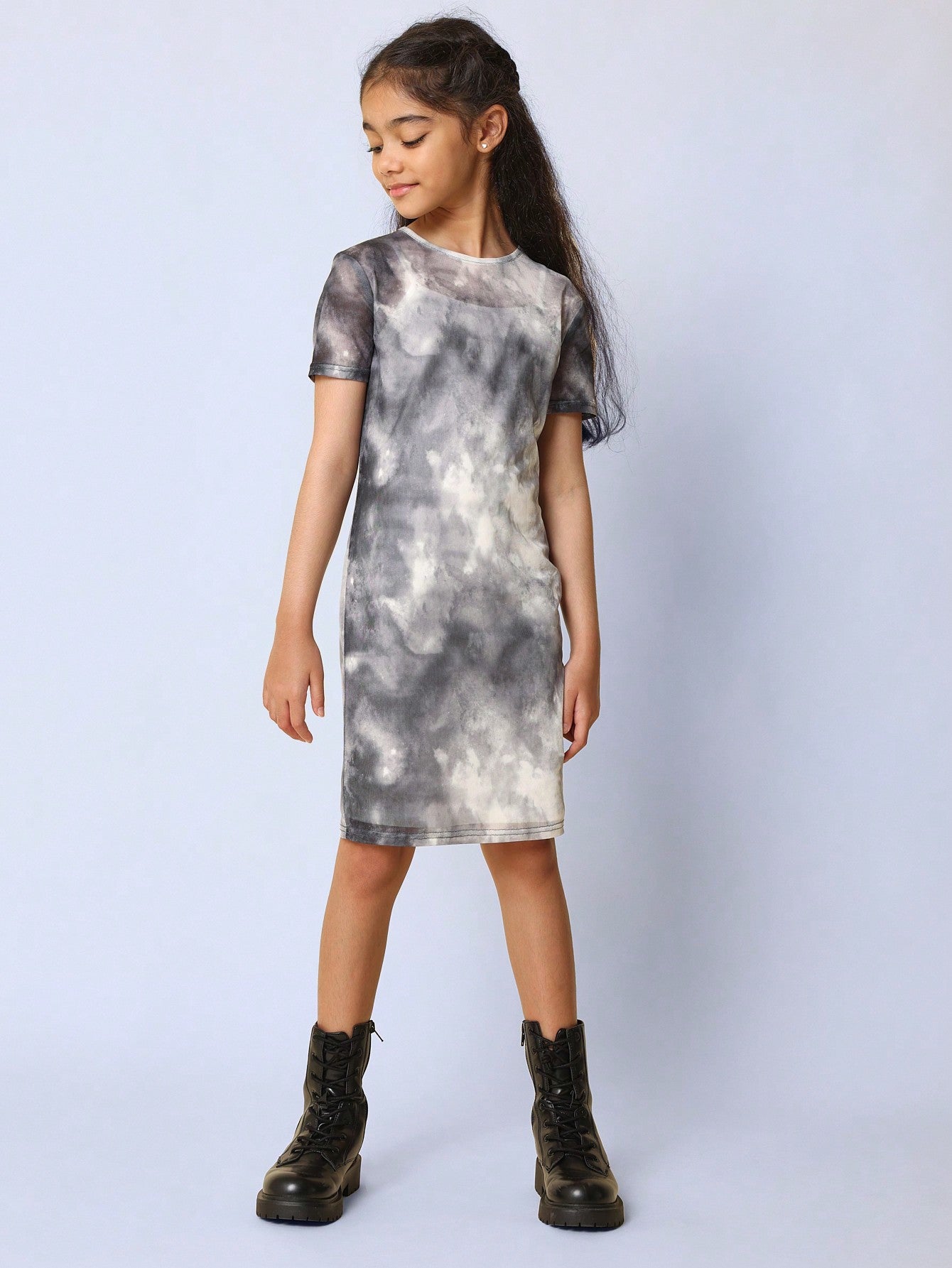 Tween Girls Relaxed Mesh Tie Dye Printed Dress With White Statin Layer