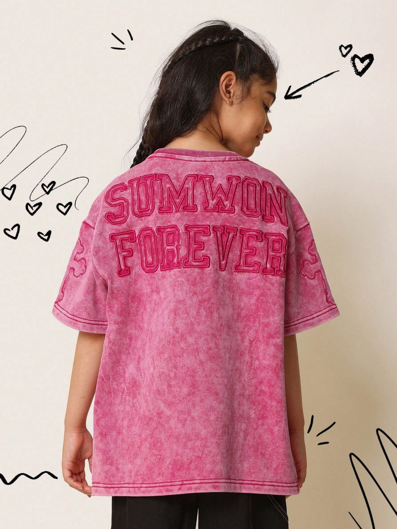 Tween Girls Washed Oversized Fit Drop Shoulder Tee With Embroidery