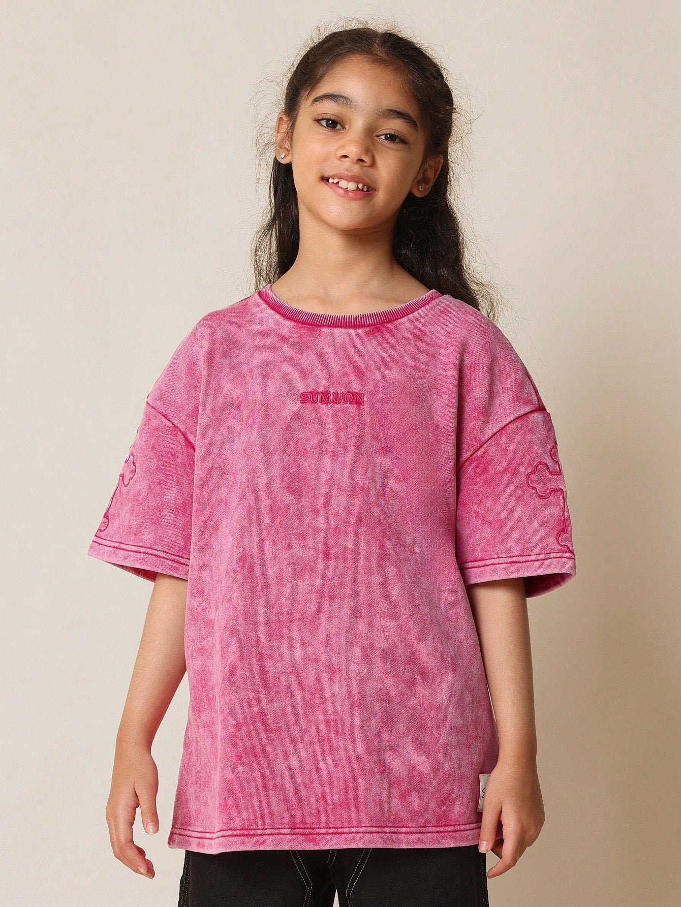 Tween Girls Washed Oversized Fit Drop Shoulder Tee With Embroidery