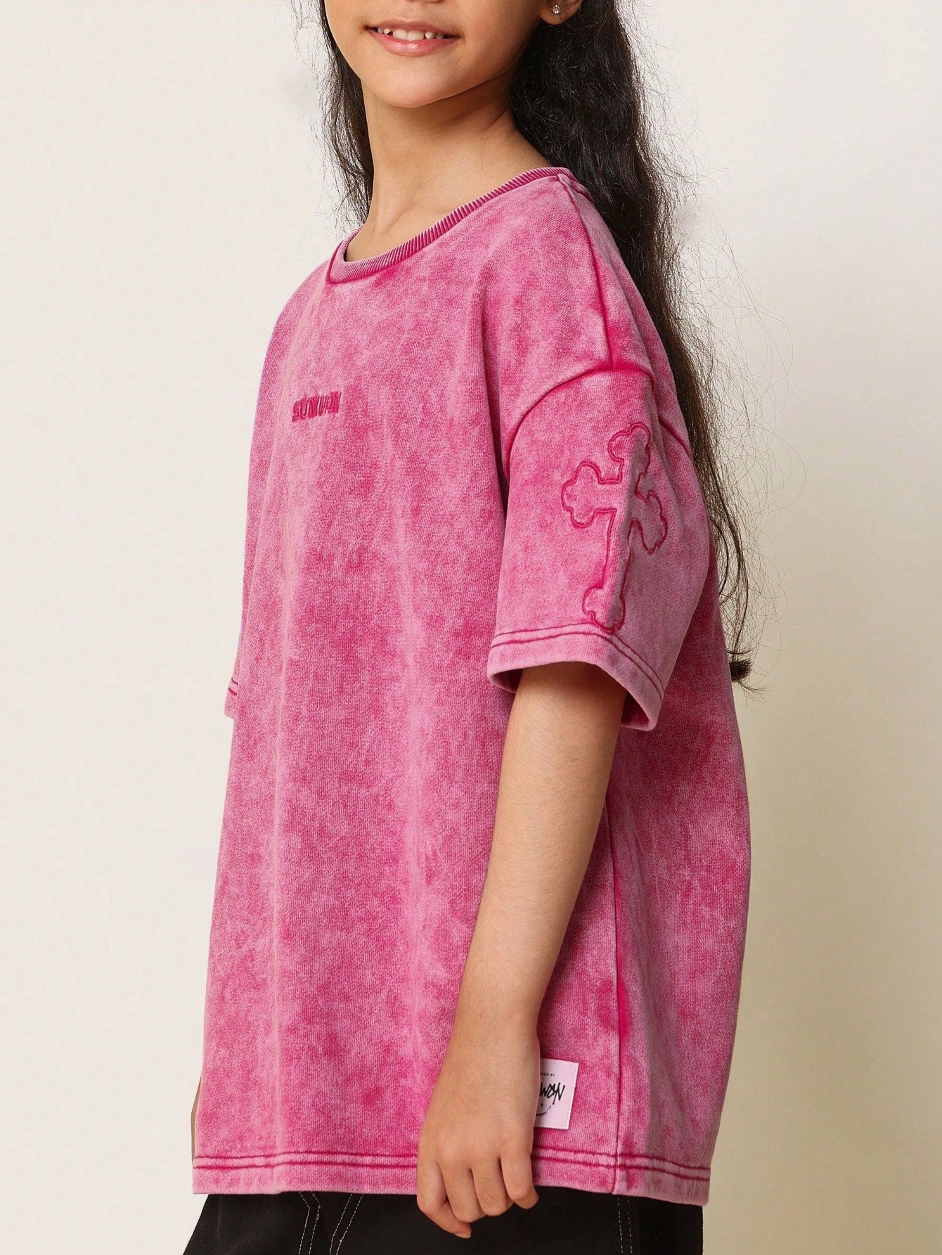 Tween Girls Washed Oversized Fit Drop Shoulder Tee With Embroidery