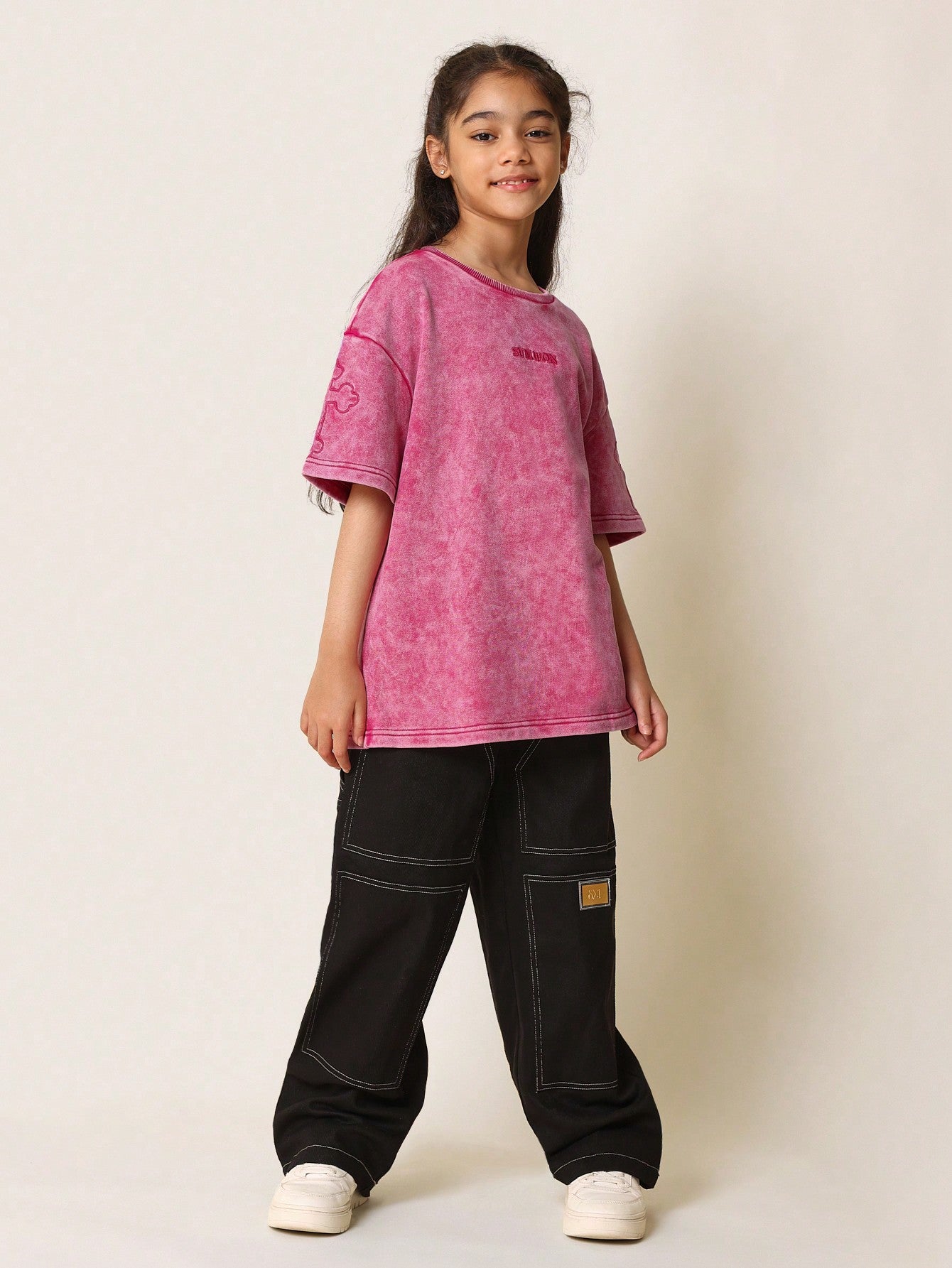 Tween Girls Washed Oversized Fit Drop Shoulder Tee With Embroidery