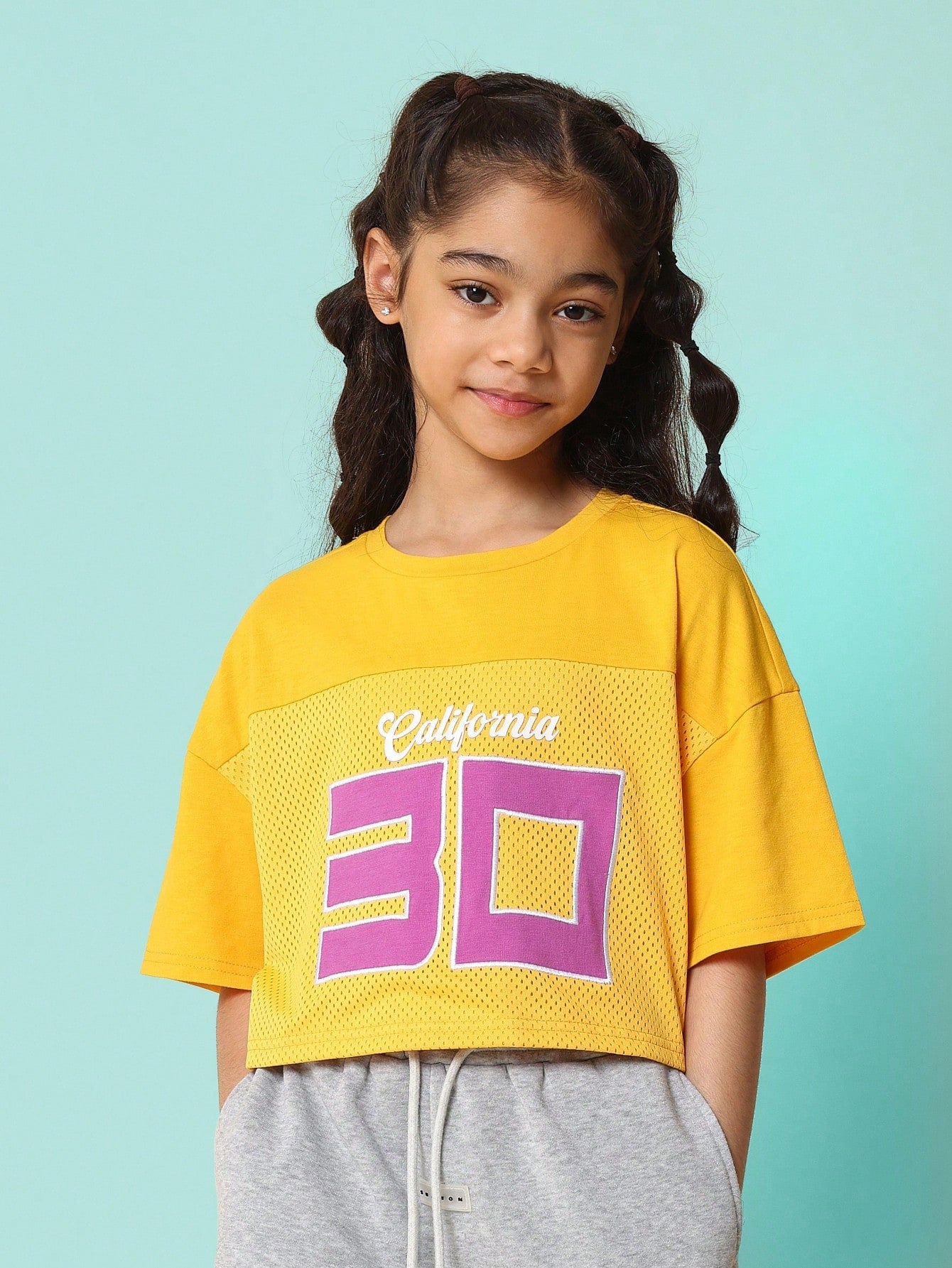 Tween Girls Relaxed Crop Mesh Blocked Tee With Applique And Graphic Print