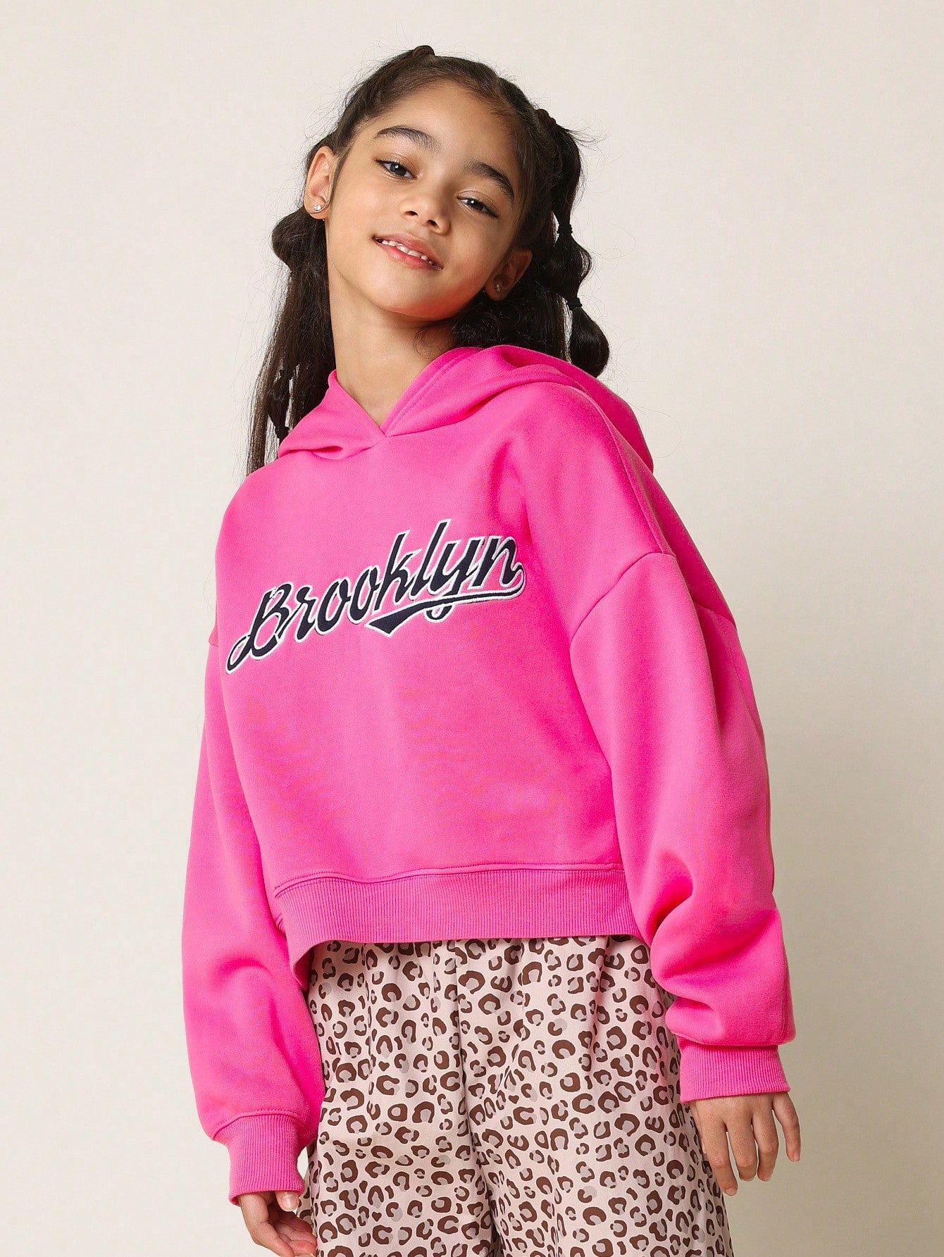 Tween Girls Comfy Regular Fit Brooklyn Graphic Print Overhead Hoodie And Leopard Print Wide Leg Pant 2 Piece Set