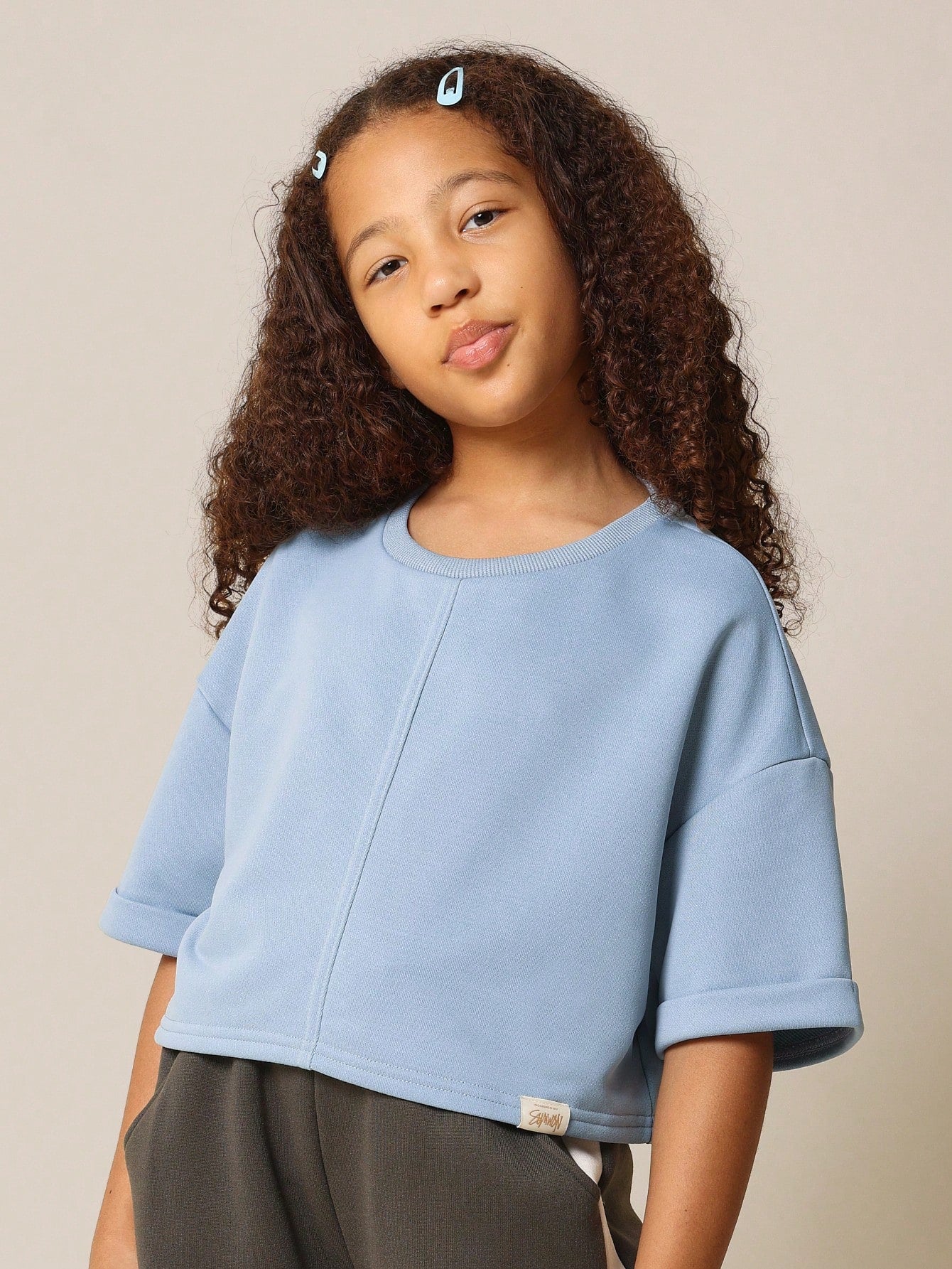 Tween Girls Everyday Blue Crop Fit Tee With Seam Detail