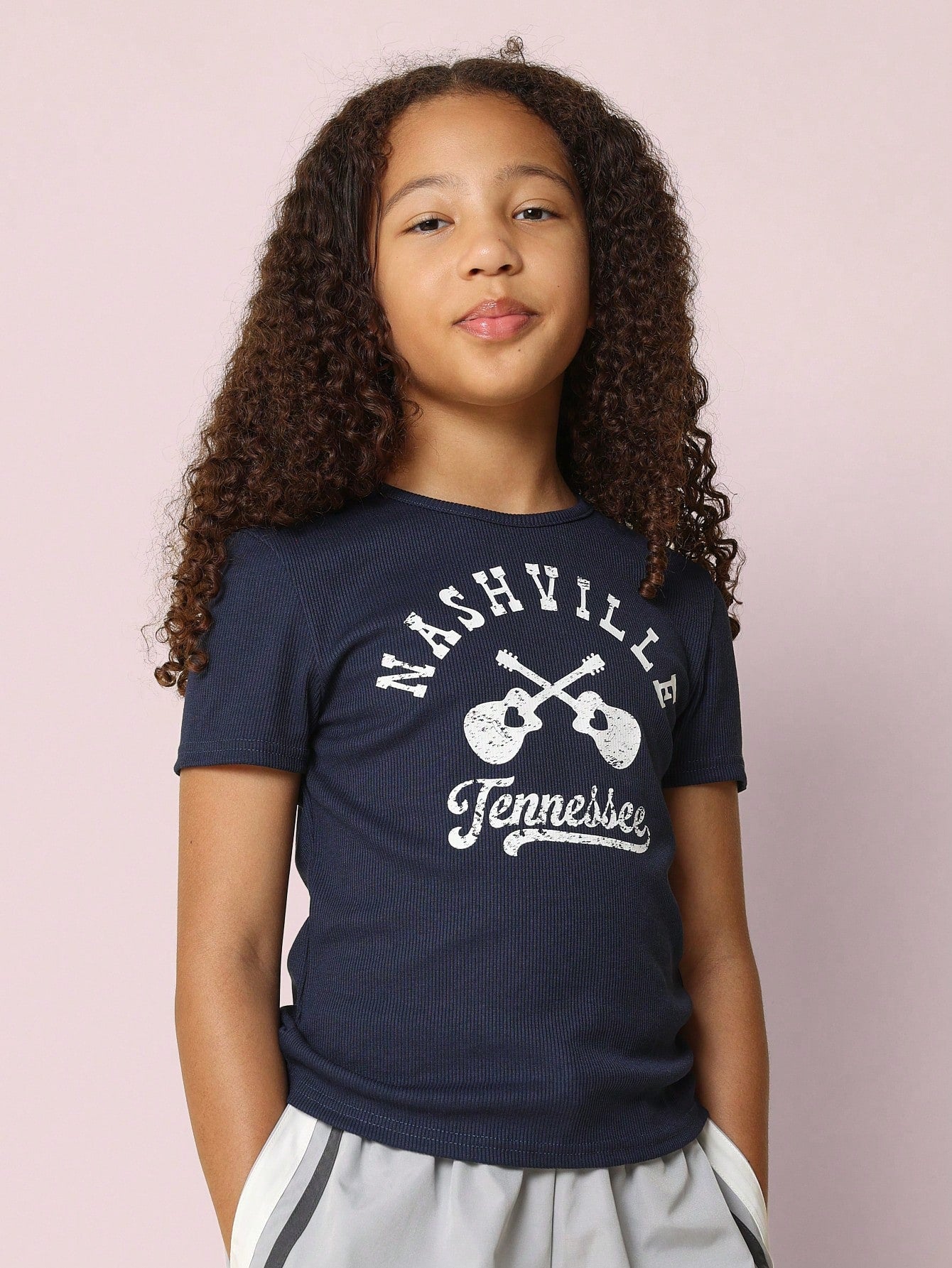 Tween Girls Everyday Rib Baby Tee With Nashville Graphic Print