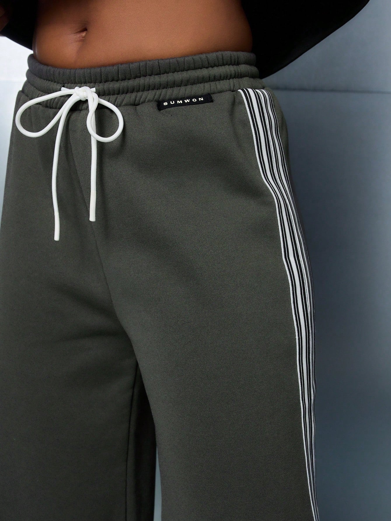 SUMWON WOMEN Side Stripe Wide Leg Pull Jogger Sweatpants With Draw Strings