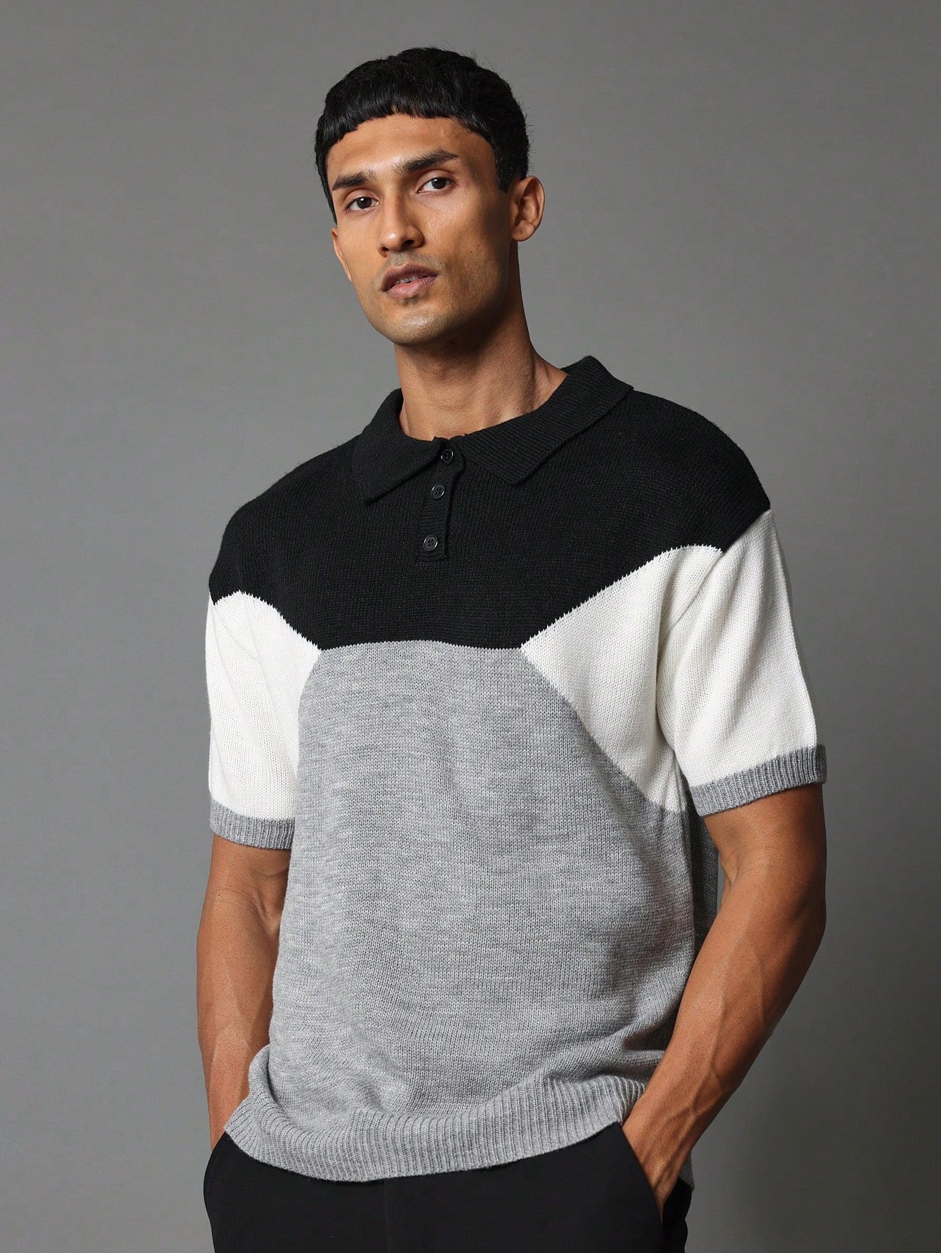 Muscle Fit Colour Blocked Polo Knit Shirt