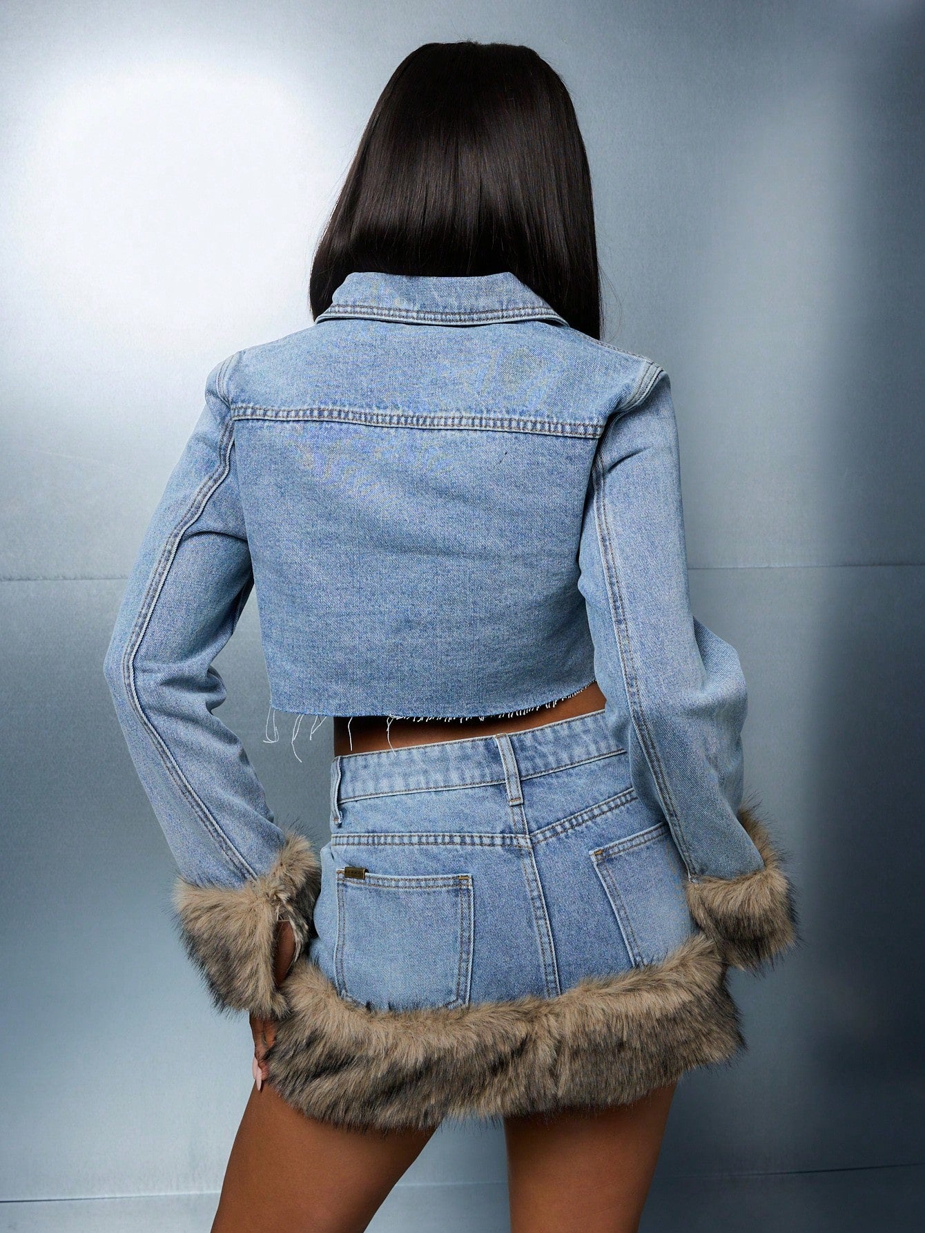 SUMWON WOMEN Raw Edge Crop Denim Jacket With Faux Fur Detail