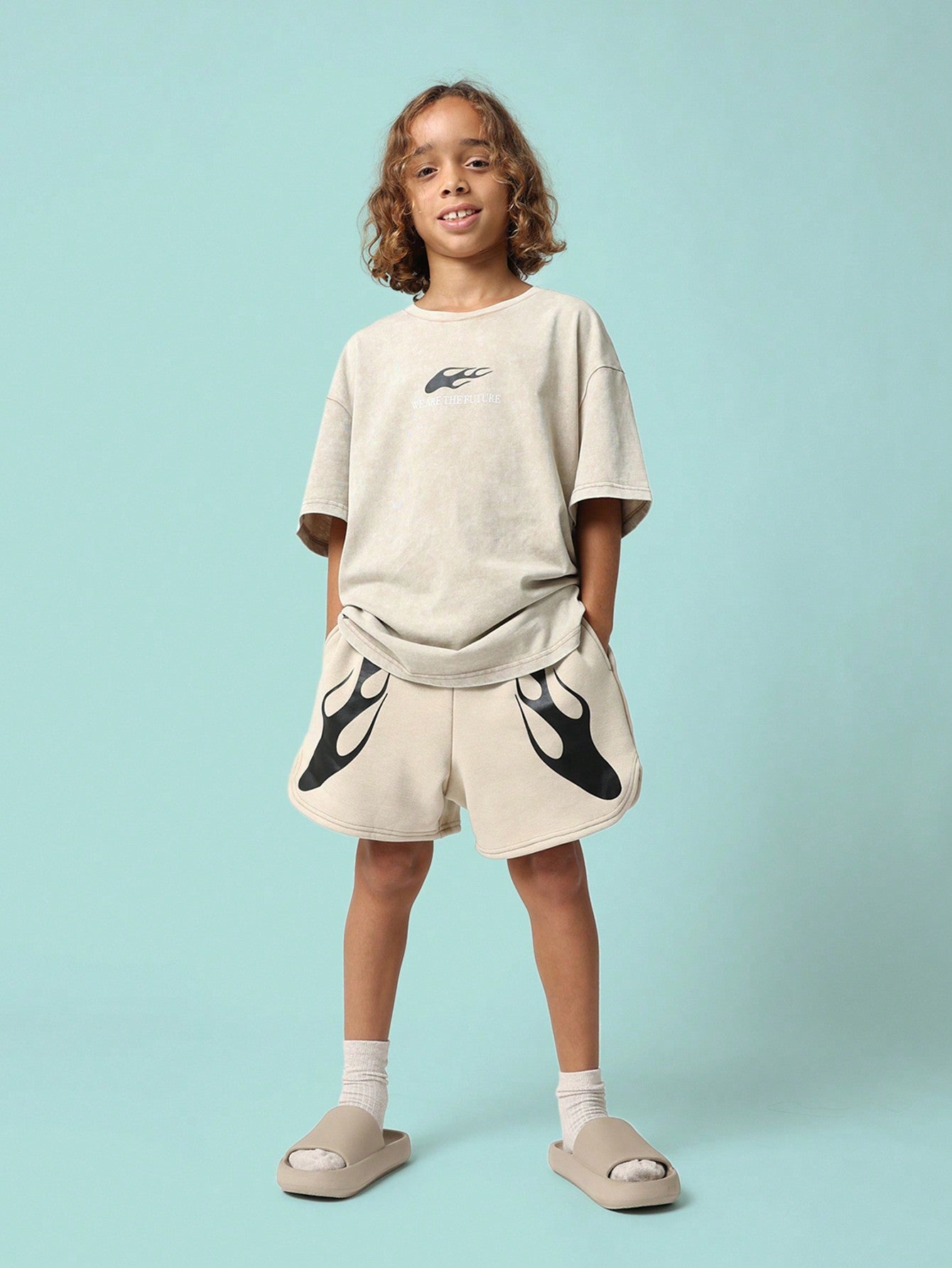 Tween Boys Regular Fit Short Sleeve Washed Tee And Short With Fire Graphic Print 2 Piece Set