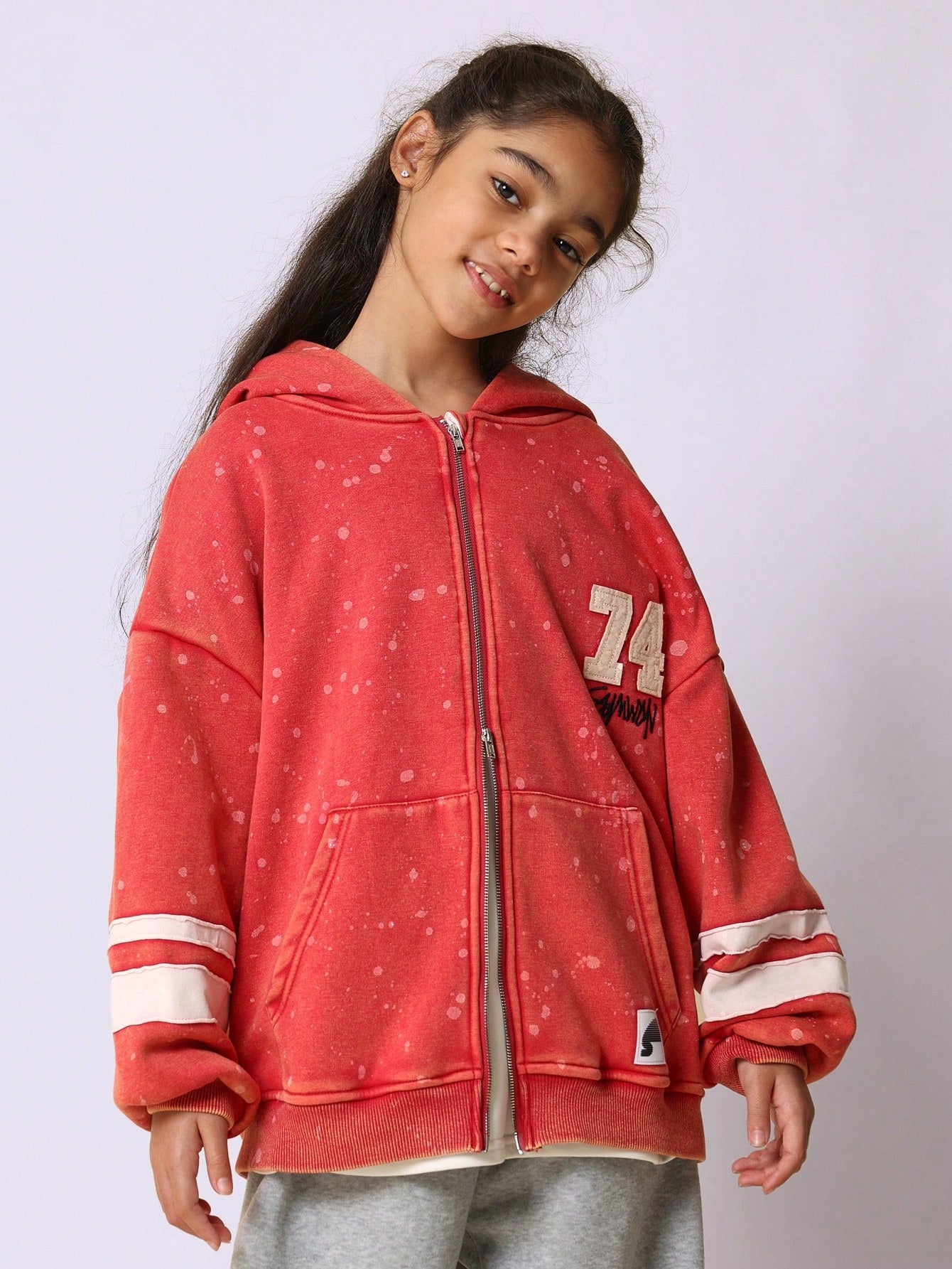 Tween Girls Washed Zip Through Splatter Paint Vintage Hoody With Applique Stripe & Number Graphic