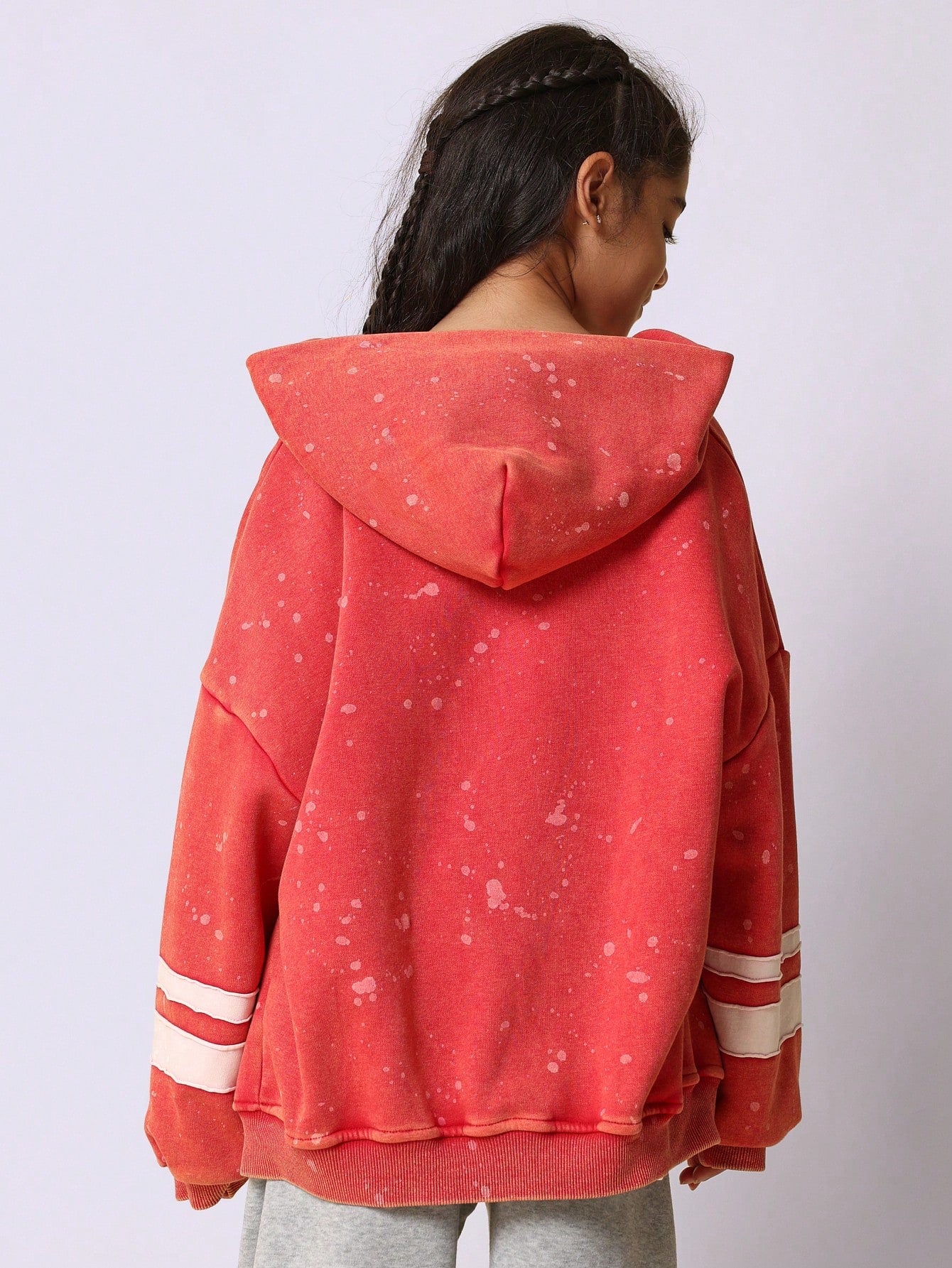 Tween Girls Washed Zip Through Splatter Paint Vintage Hoody With Applique Stripe & Number Graphic