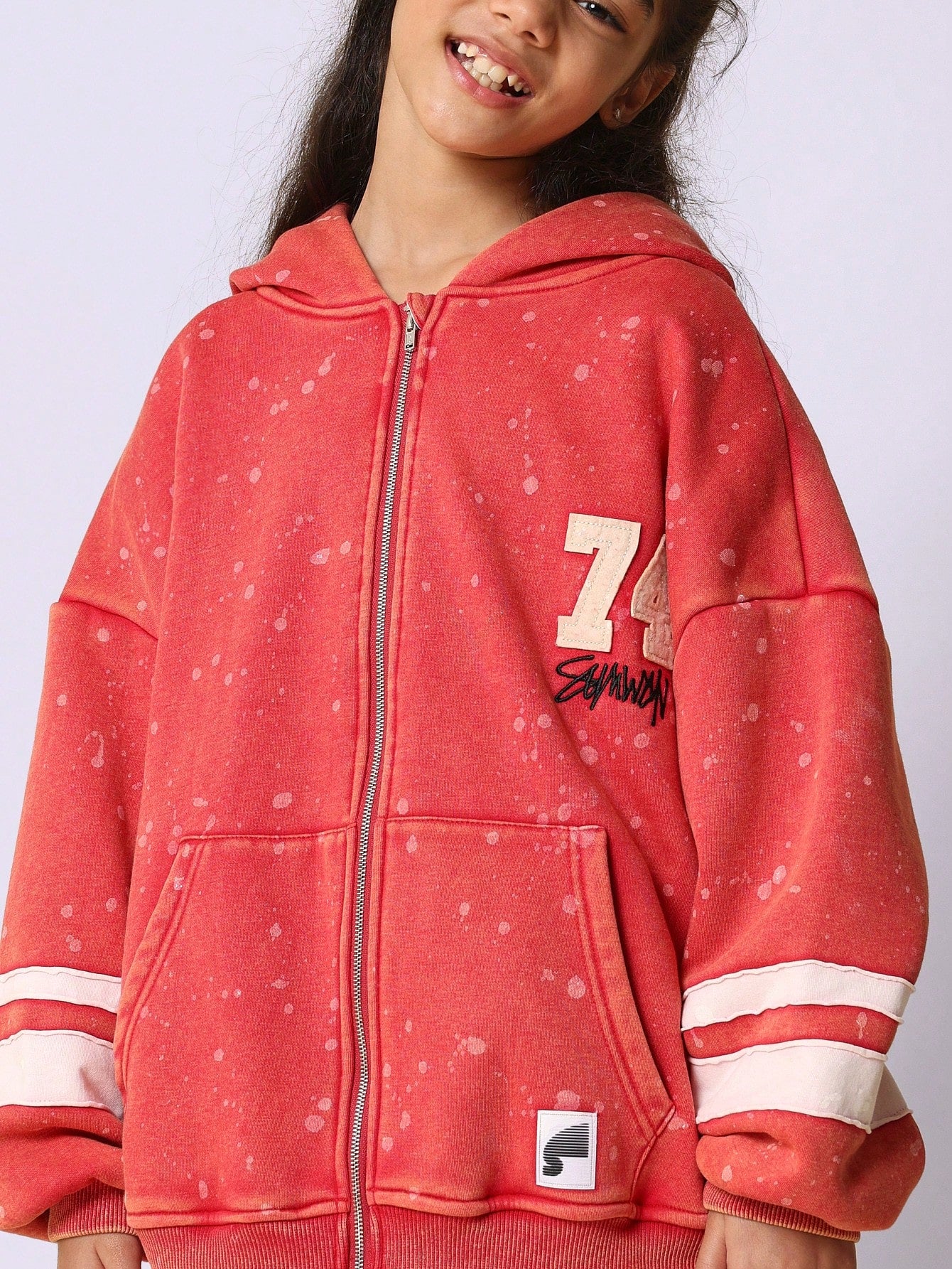 Tween Girls Washed Zip Through Splatter Paint Vintage Hoody With Applique Stripe & Number Graphic