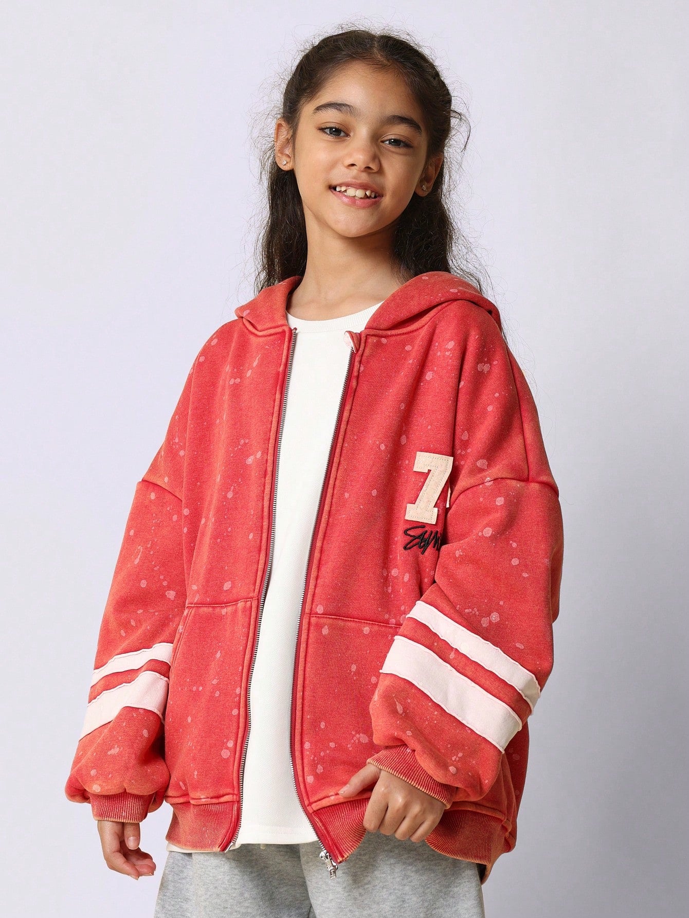 Tween Girls Washed Zip Through Splatter Paint Vintage Hoody With Applique Stripe & Number Graphic