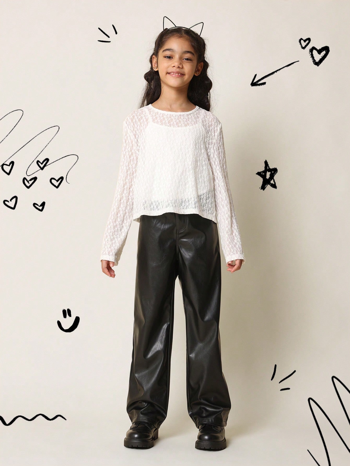 Tween Girls Relaxed Long Sleeve Lace Over, Tank Top And PU Pant 3 Pieces Set