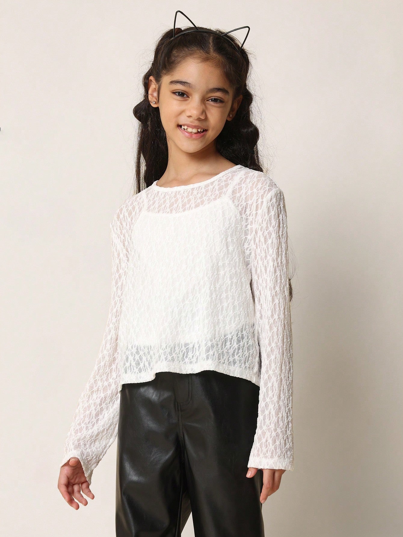 Tween Girls Relaxed Long Sleeve Lace Over, Tank Top And PU Pant 3 Pieces Set