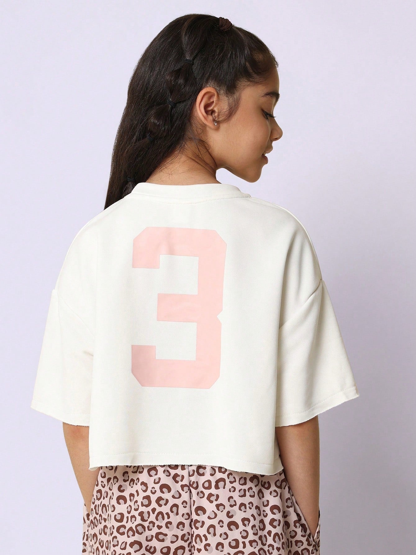 Tween Girls Relaxed Crop Fit Raw Edge Tee With Back Number Graphic Print